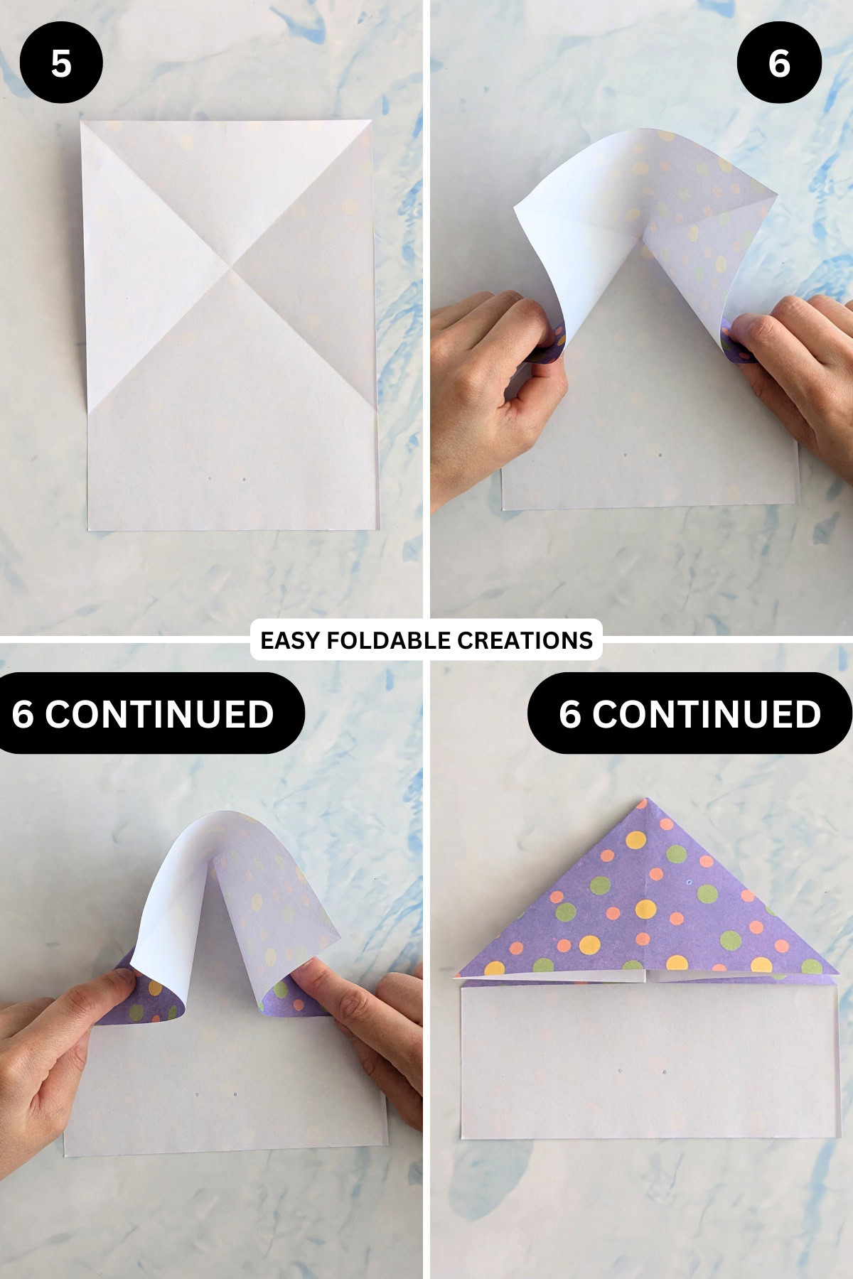 Steps 5 to 6 for folding a paper heart.