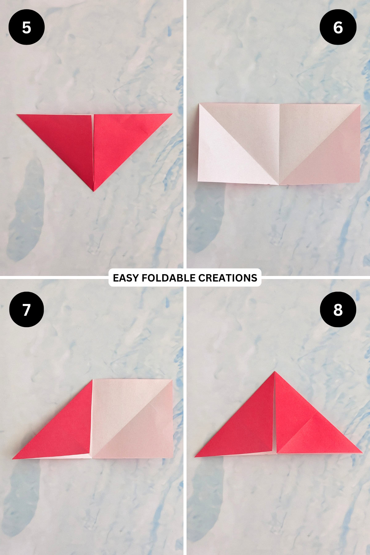 Step 5 continued to 8 for folding a blossom origami heart.