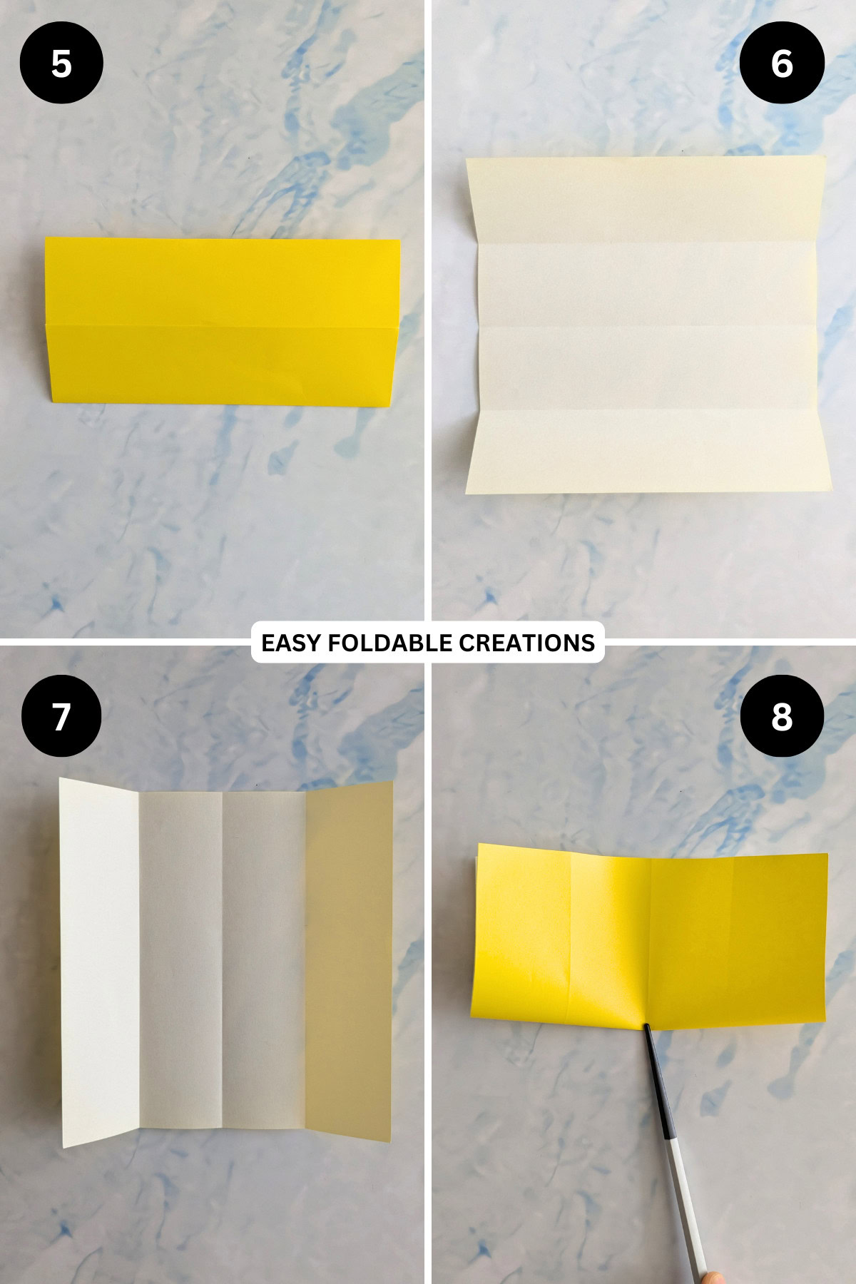 Steps 5 to 8 for folding a hexagon DIY pen holder.