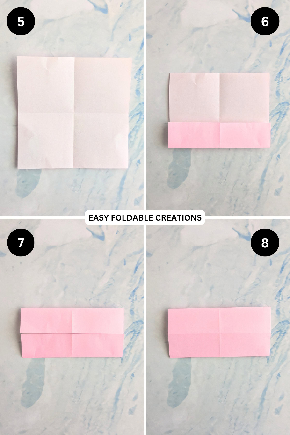 Steps 5 to 8 for folding origami heart with wings.