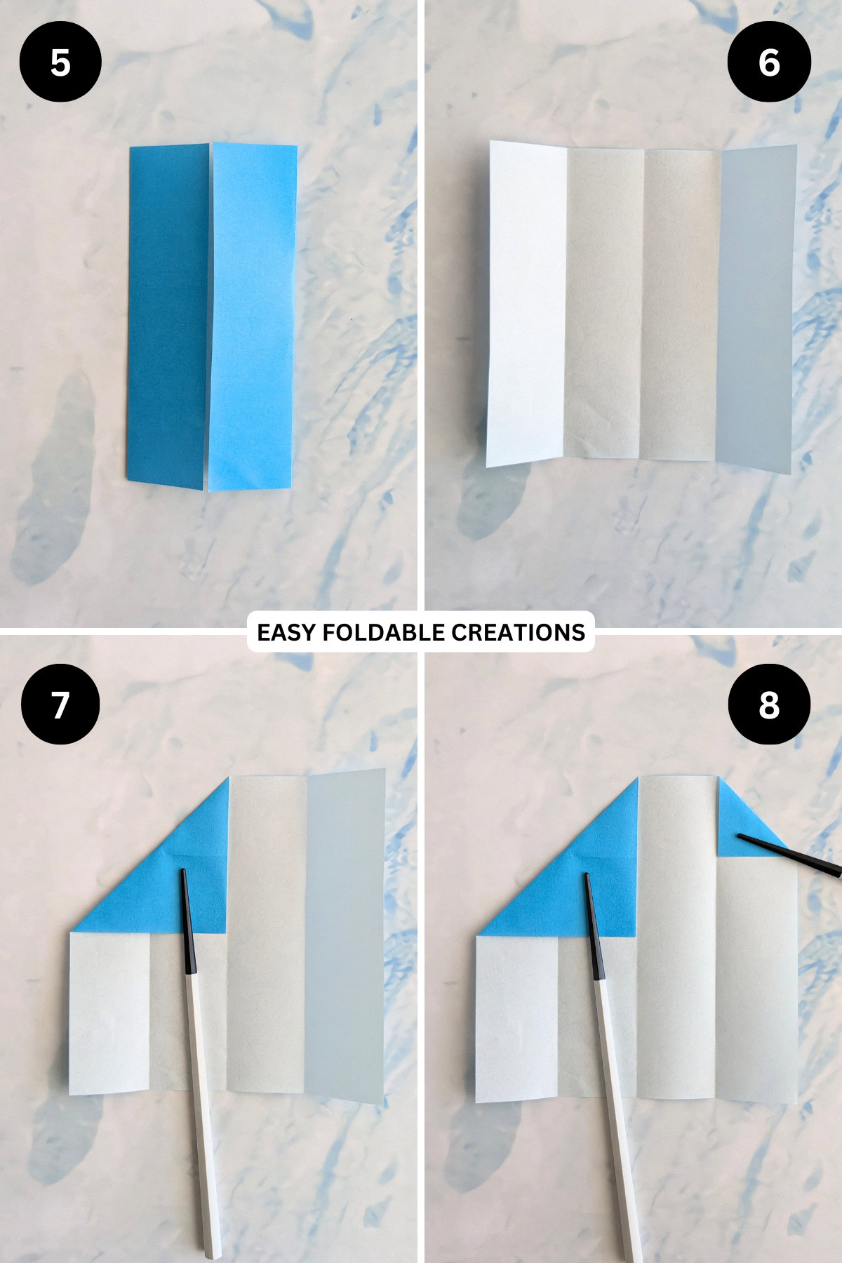 Steps 5 to 8 for folding paper pencil wraps.
