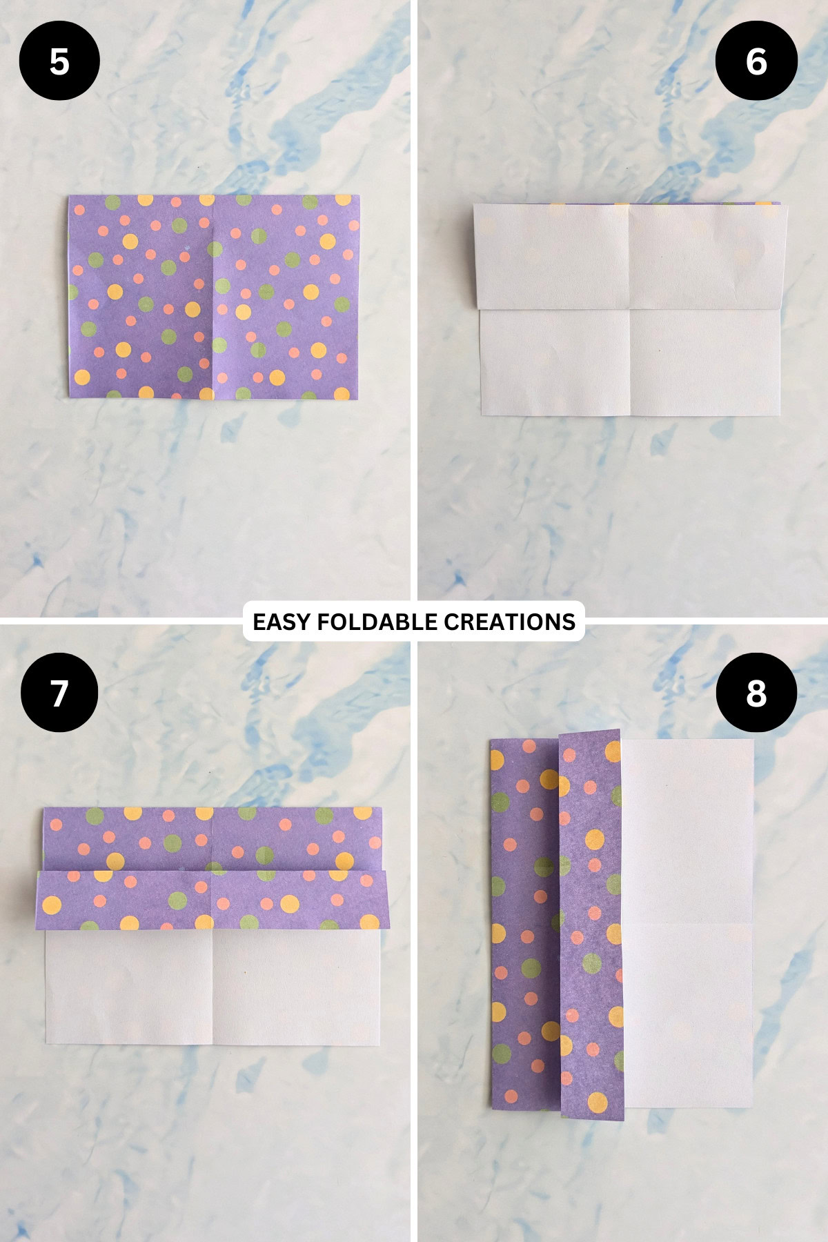 Steps 5 to 8 for folding a triangle DIY desk organizer.