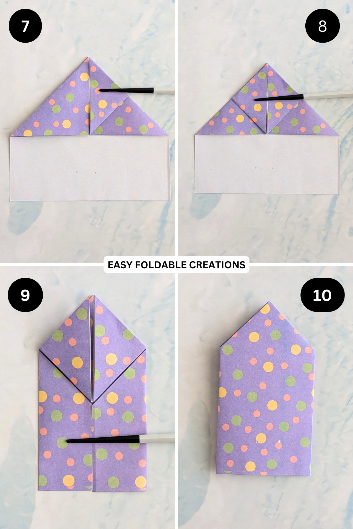 Steps 7 to 10 for folding a paper heart.