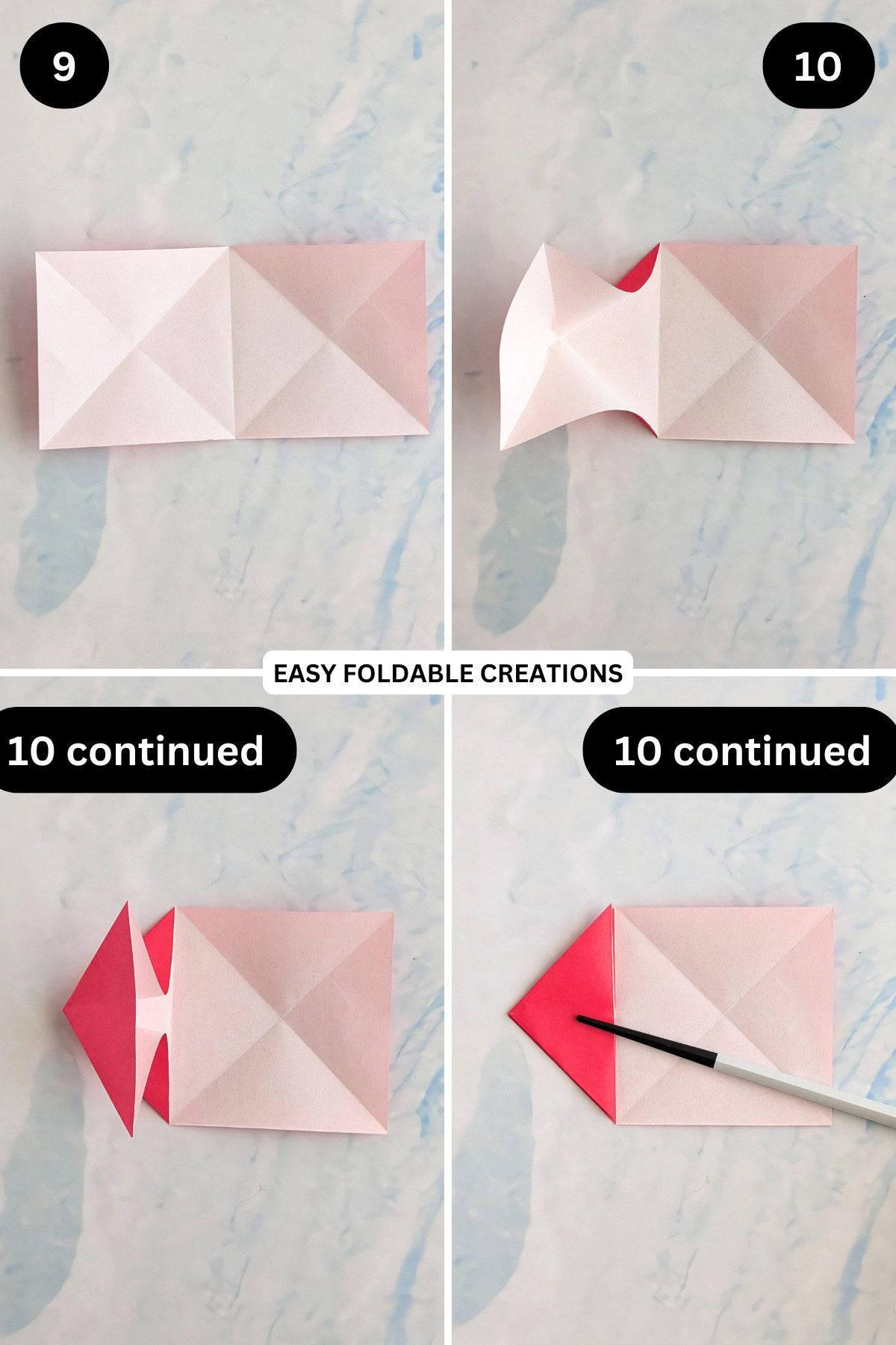 Step 9 continued to 10 for folding a blossom origami heart.