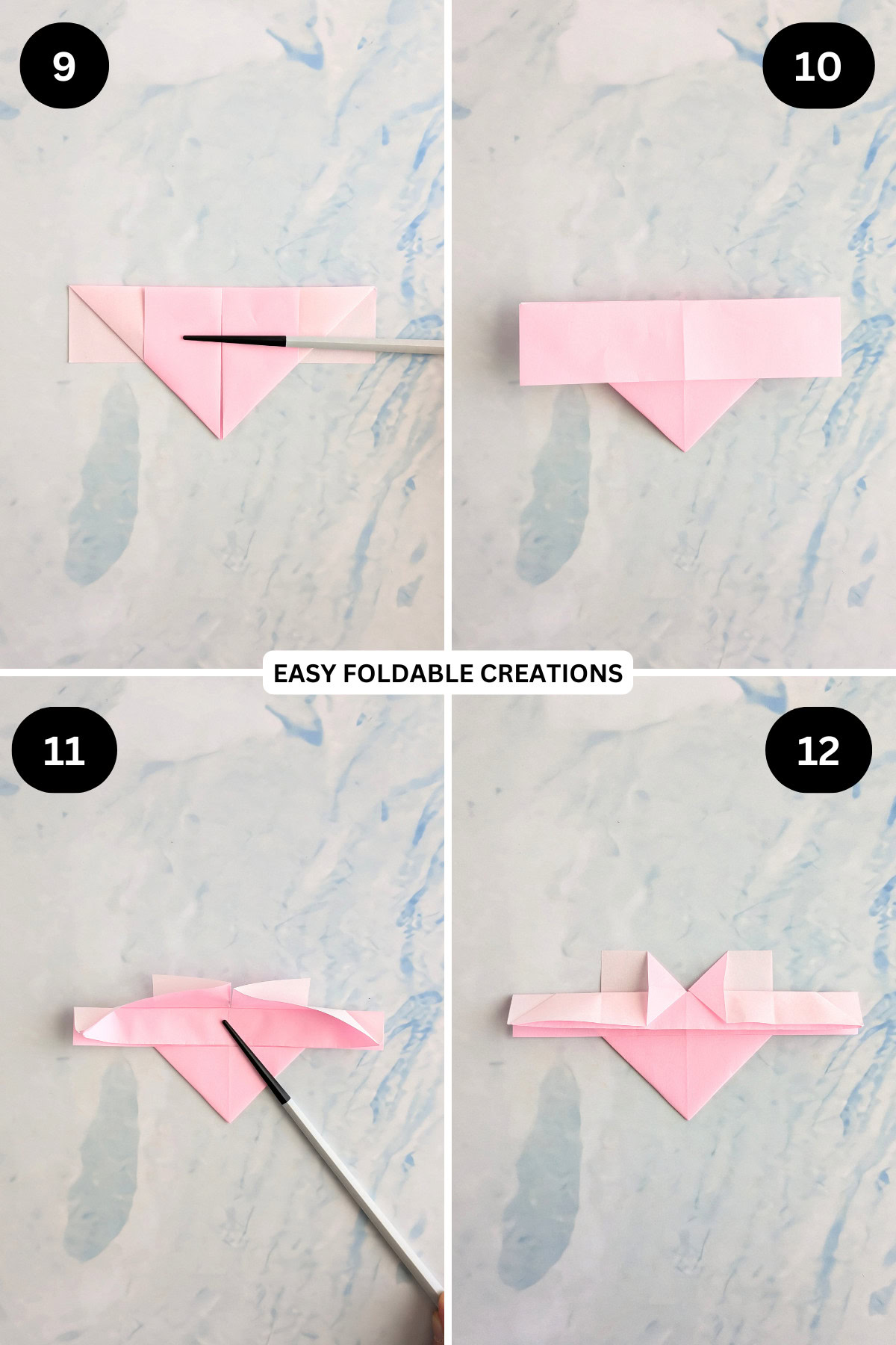 Steps 9 to 12 for folding origami heart with wings.