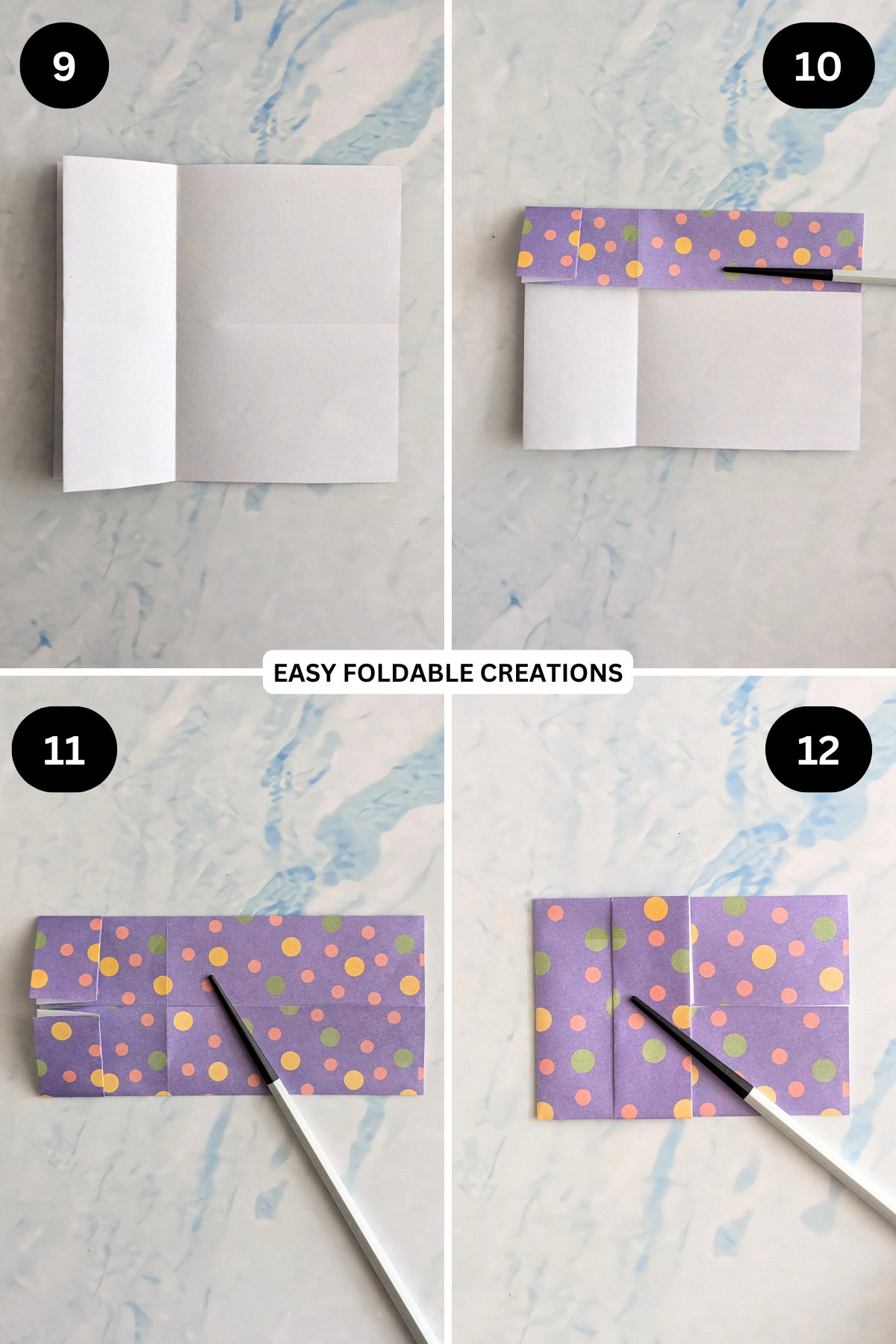 Steps 9 to 12 for folding a triangle DIY desk organizer.