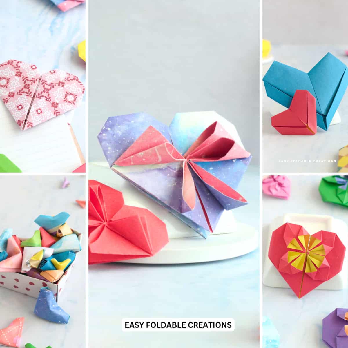 Collage of origami hearts.