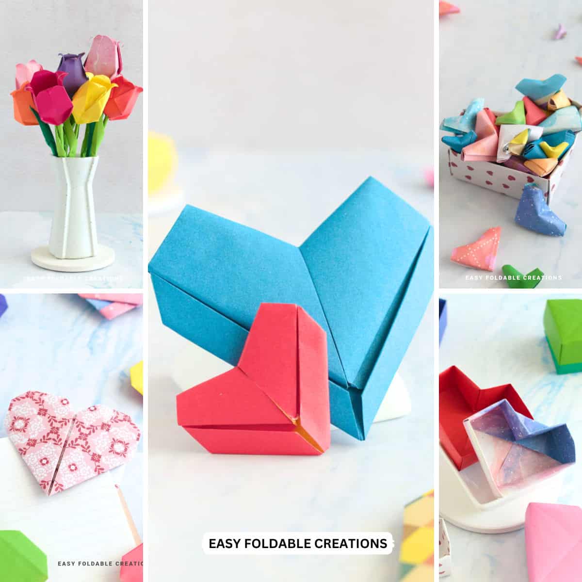 Collage of Valentine's origami projects.