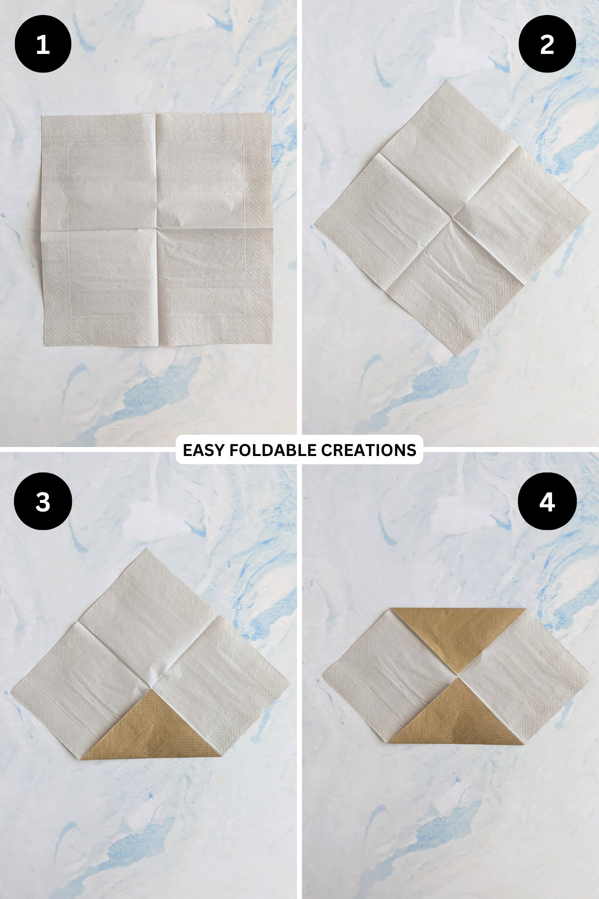 Steps 1 to 4 for folding a bunny napkin.