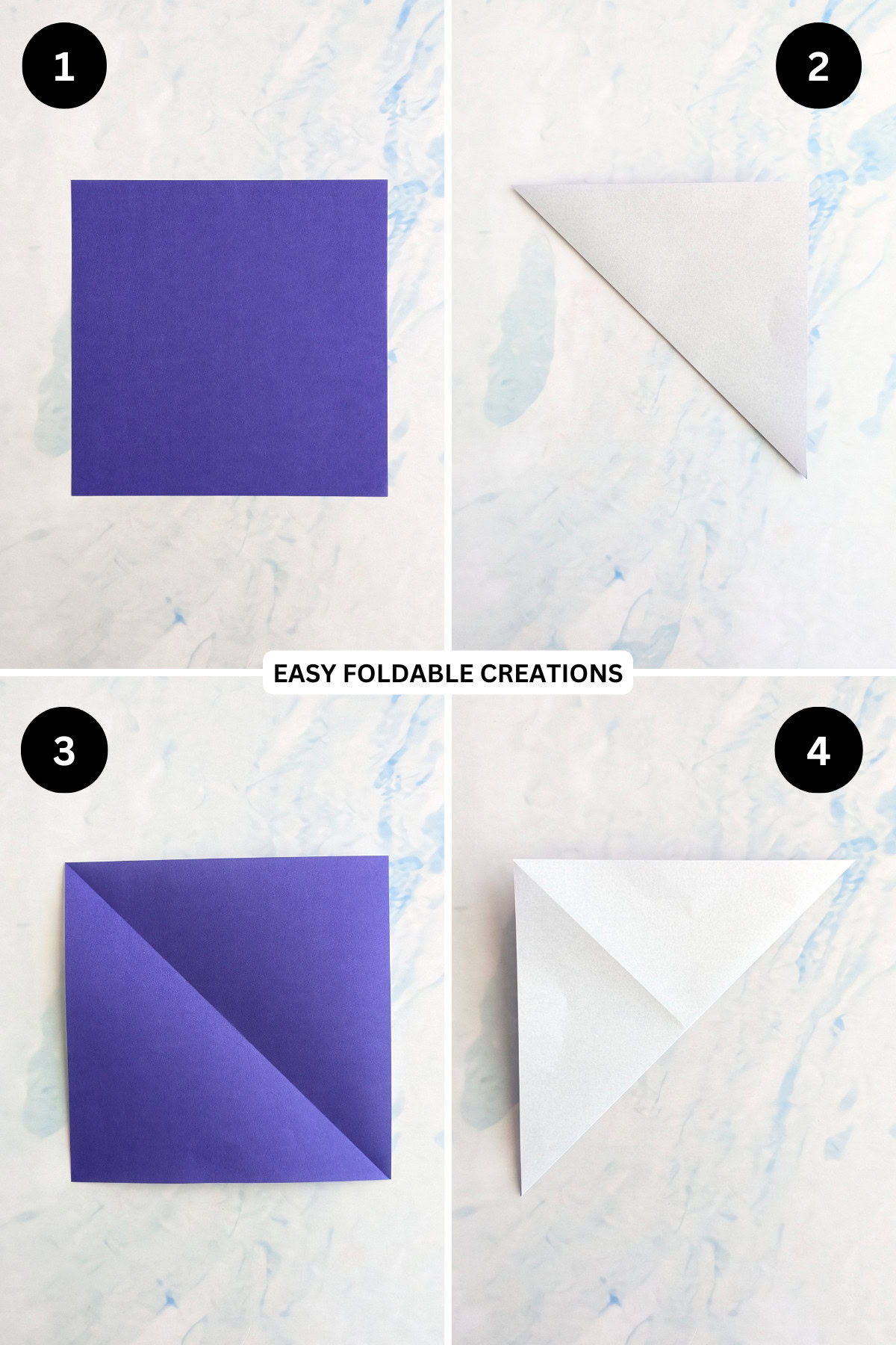 Steps 1 to 4 for folding an easy origami bowl.