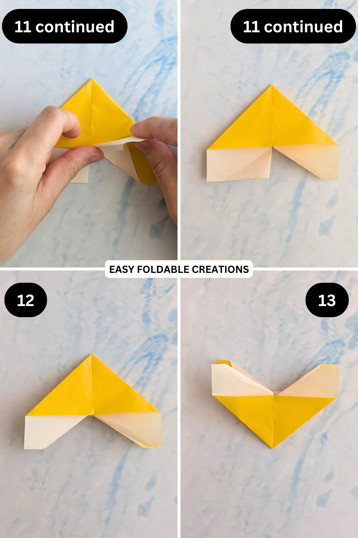 Steps 11 continued to 13 for folding a butterfly origami corner bookmark.