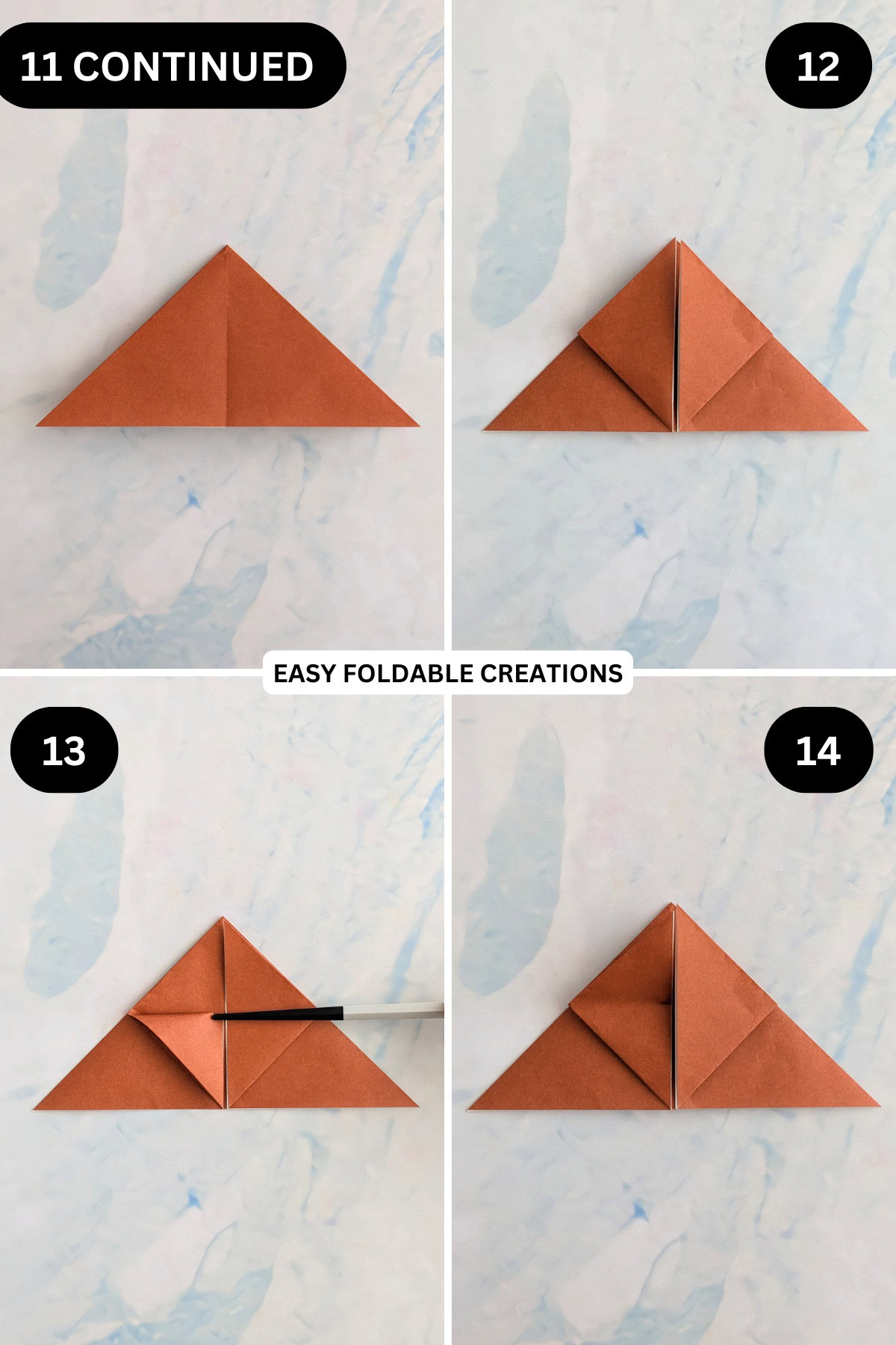 Step 11 continued to 14 for folding an inflatable origami rabbit.