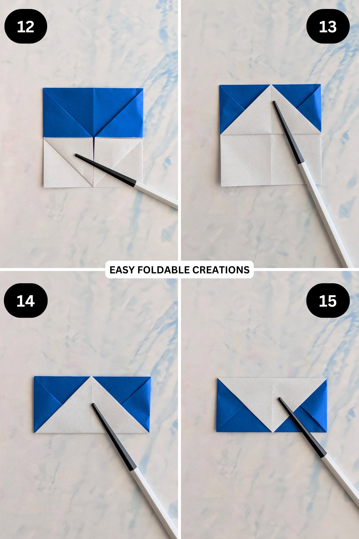 Steps 12 to 15 for folding an origami egg cup.