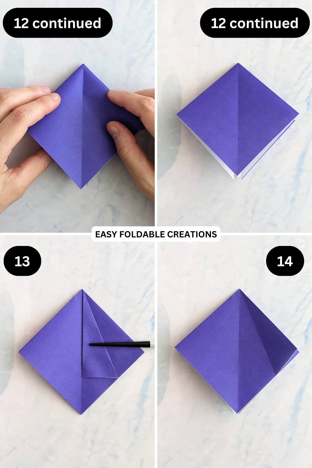 Step 12 continued to 14 for folding an easy origami bowl.