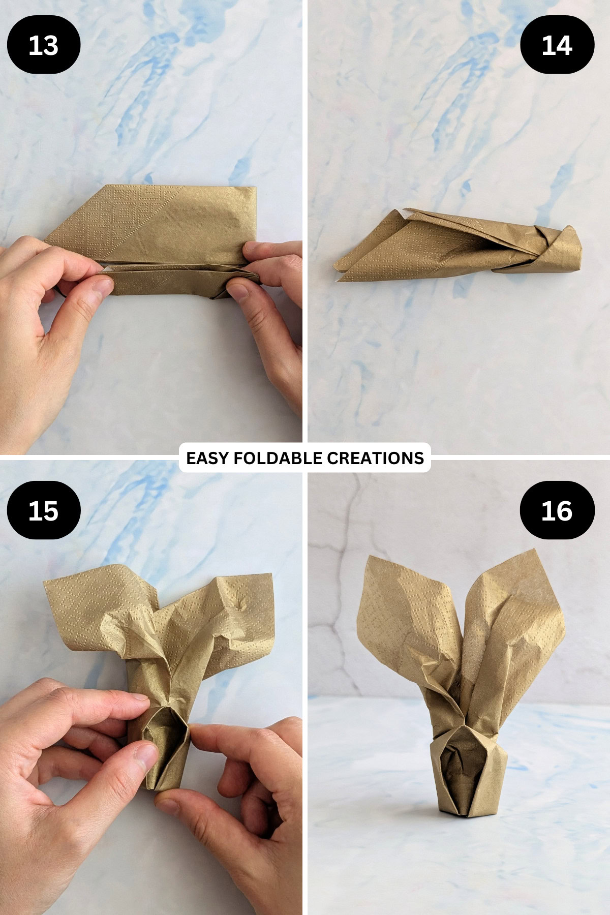Steps 13 to 16 for folding a bunny napkin.