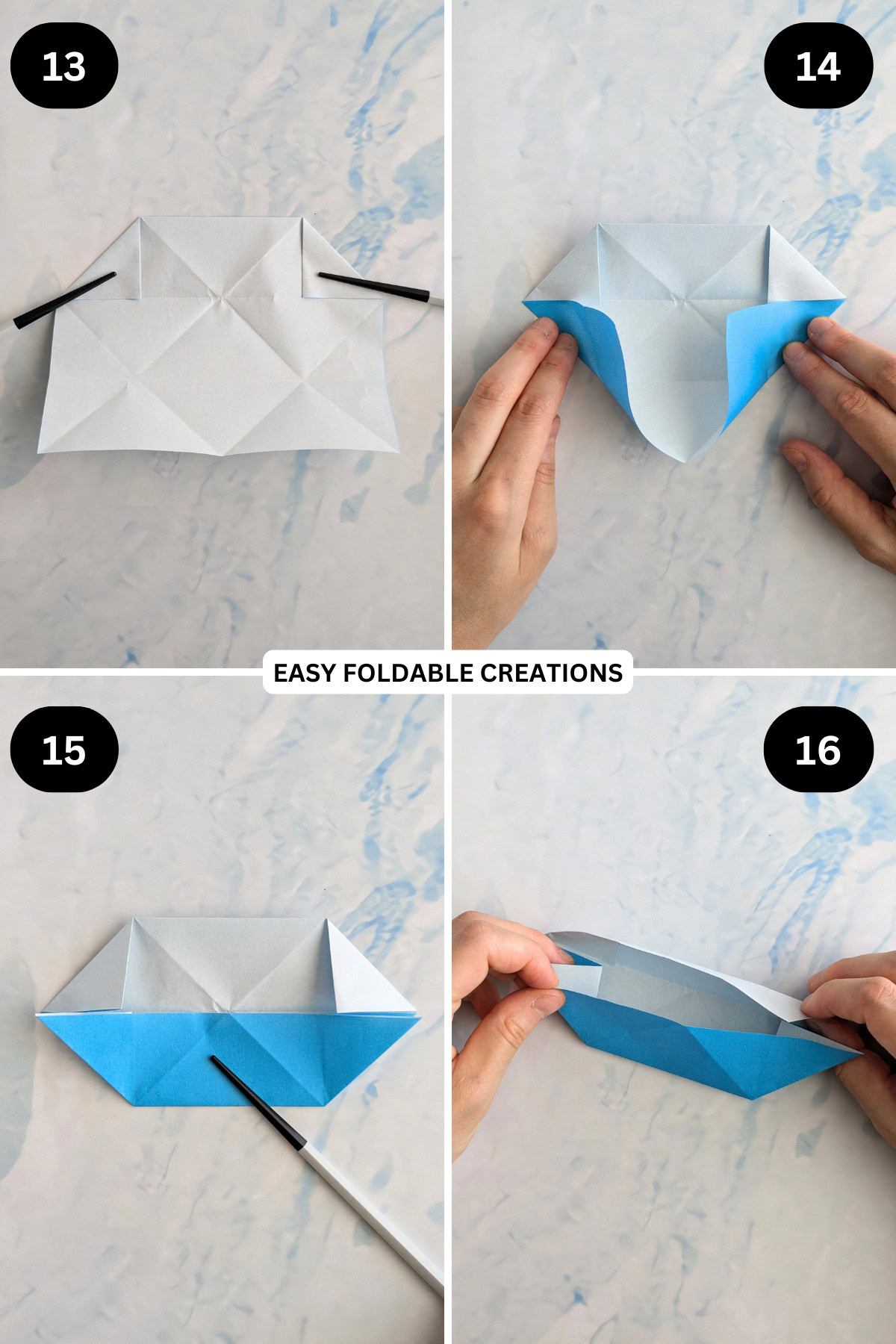 Steps 13 to 16 for folding the desk organizer base.