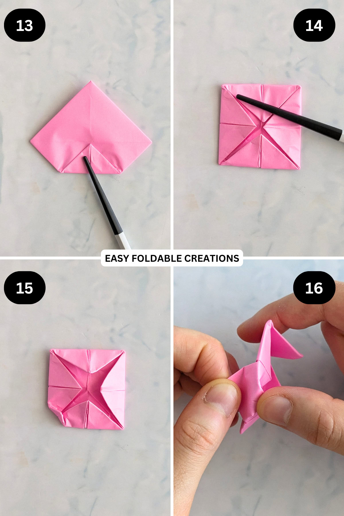Steps 13 to 16 for folding an origami lotus.