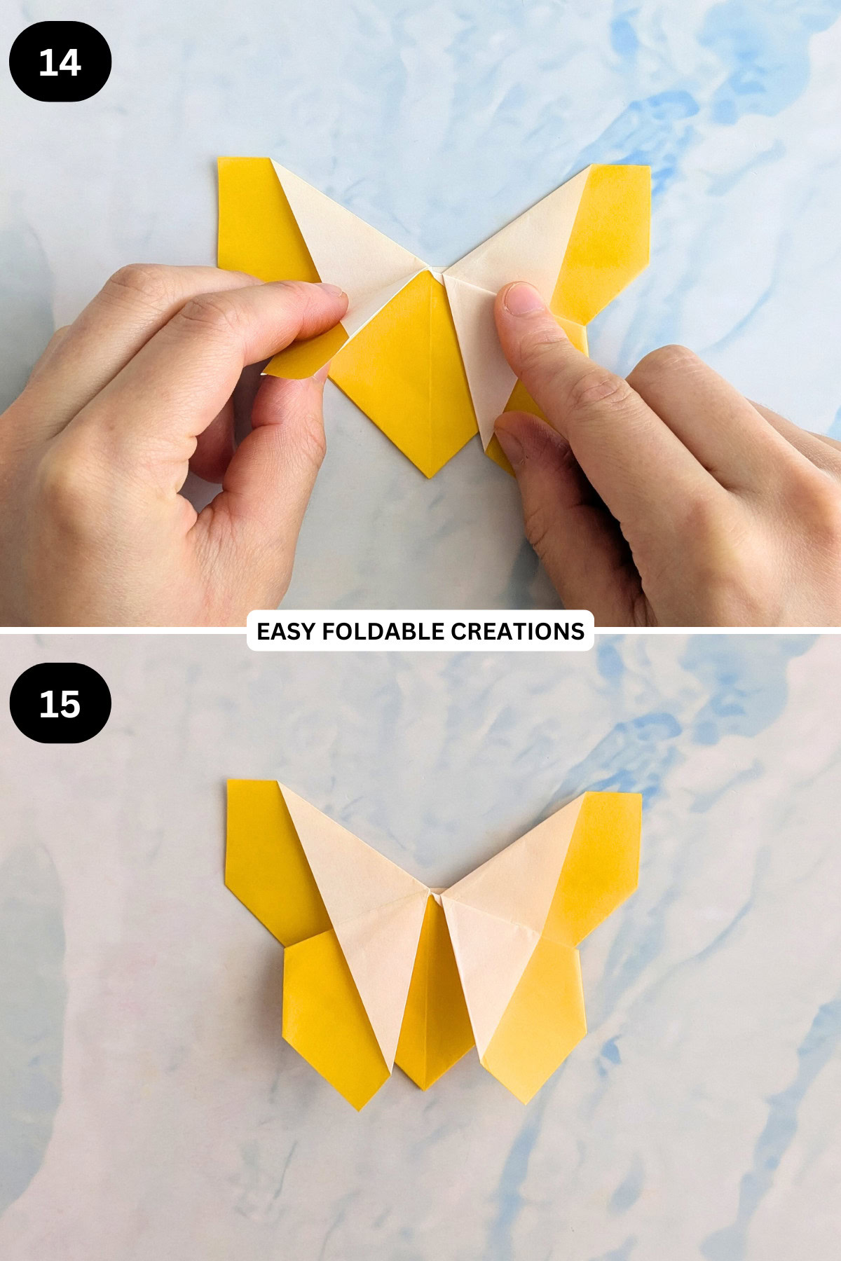 Steps 14 to 15 for folding a butterfly origami corner bookmark.
