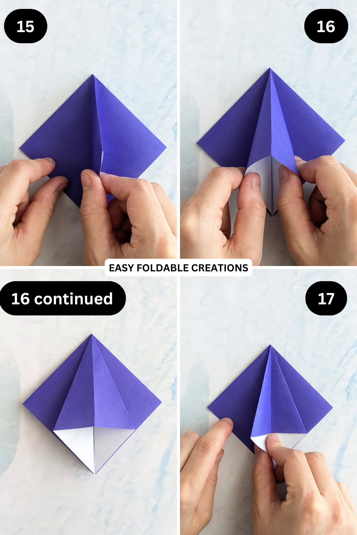 Steps 15 to 17 for folding an easy origami bowl.