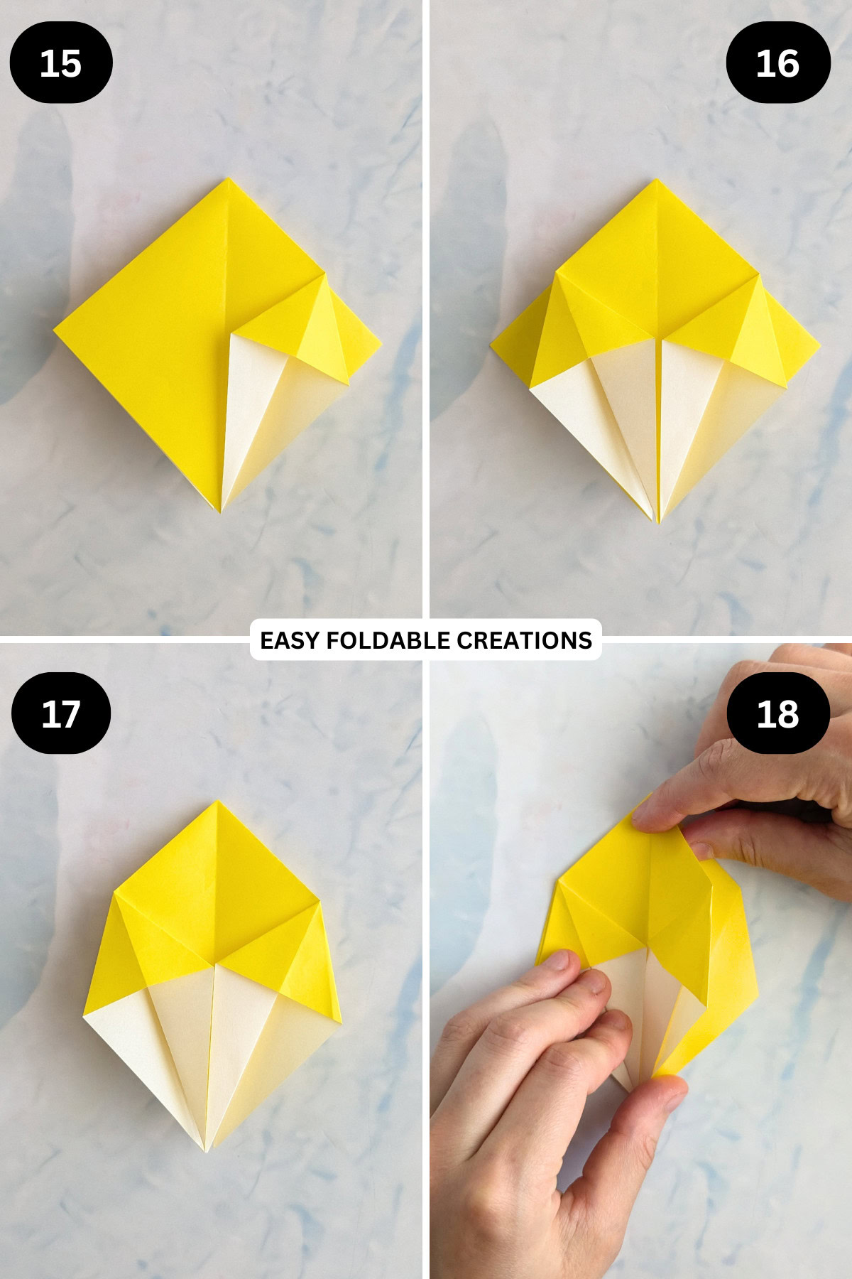 Step 15 to 18 for folding an origami star box.