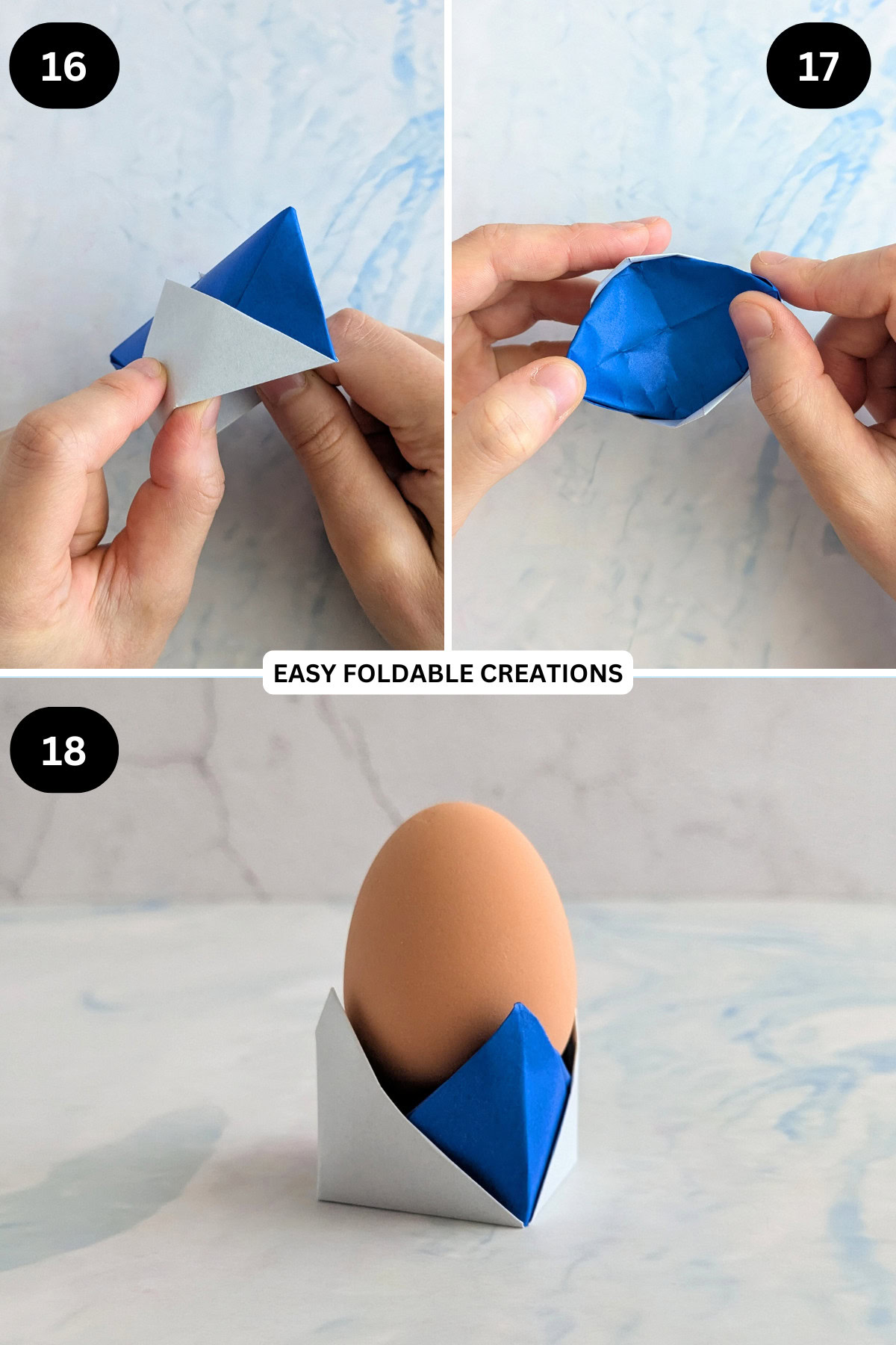 Steps 16 to 18 for folding an origami egg cup.