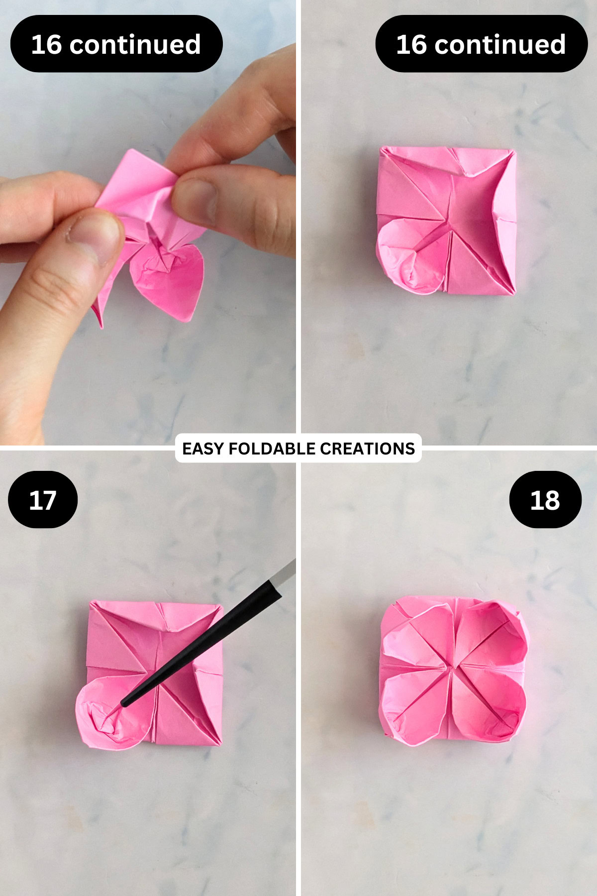 Steps 16 continued to 18 for folding an origami lotus.