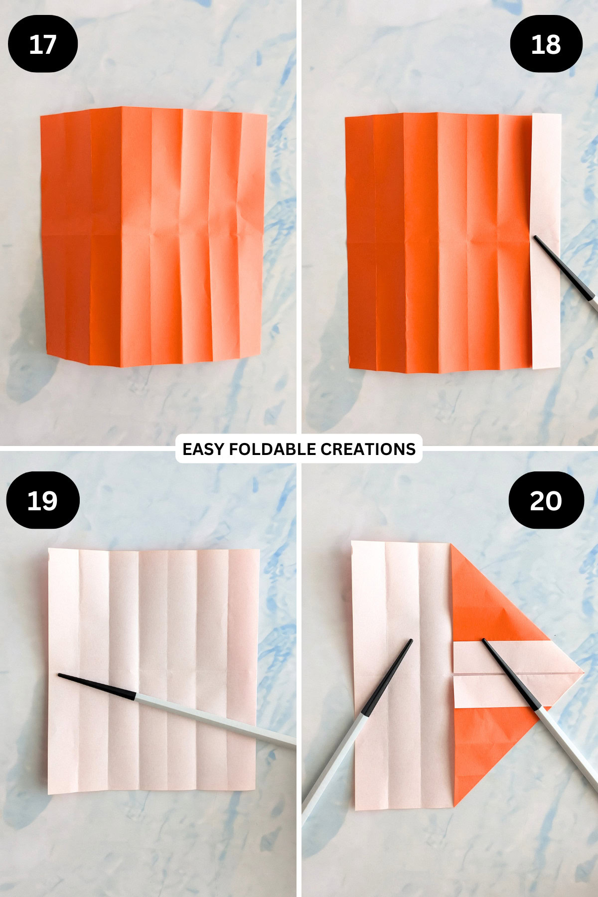 Step 17 to 20 for folding an origami heart ring.