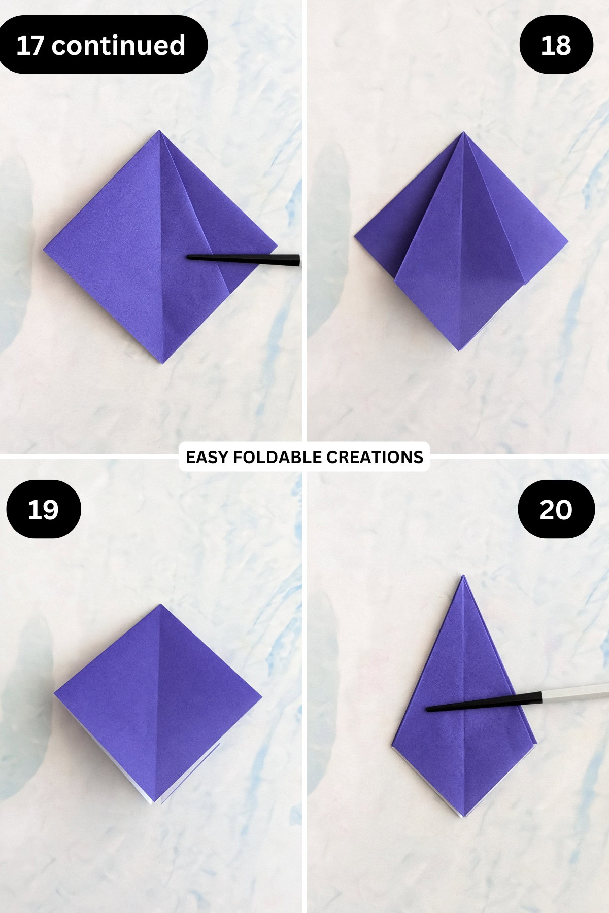 Step 17 continued to 20 for folding an easy origami bowl.