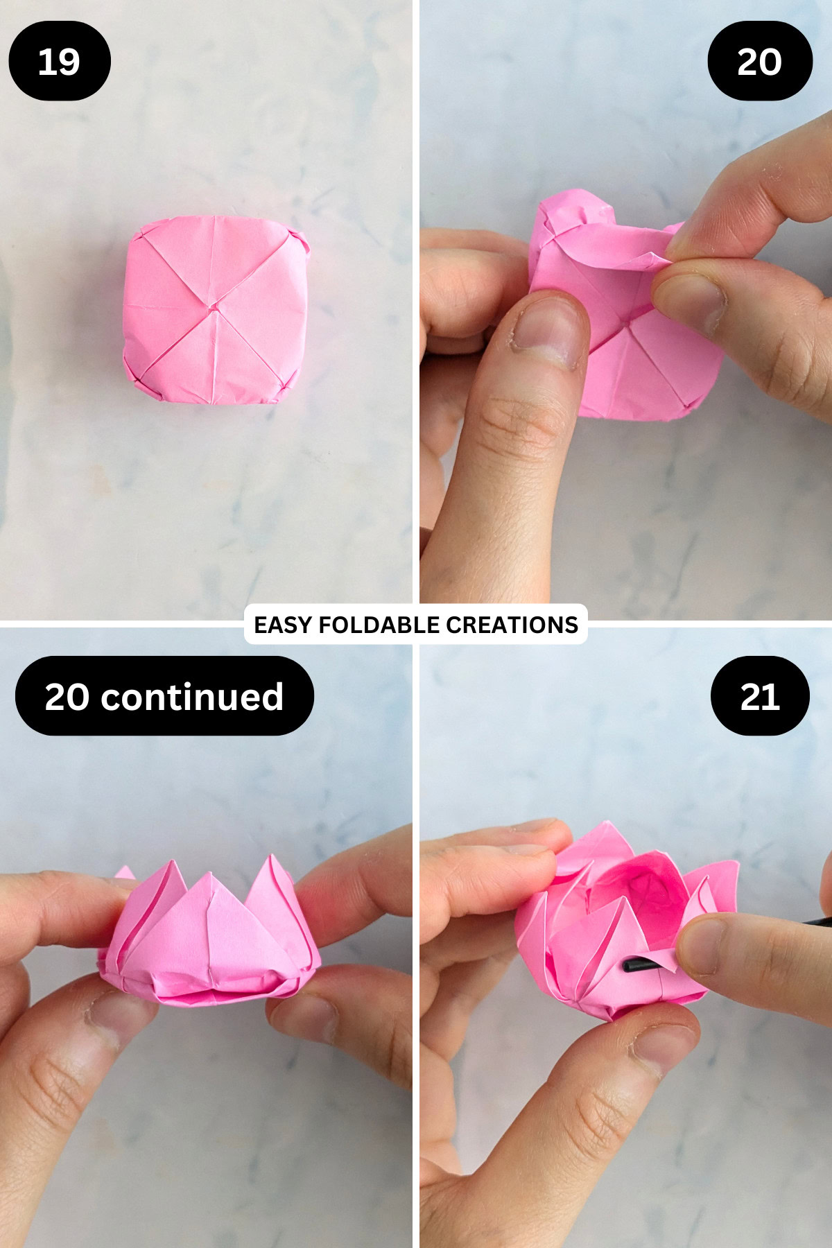 Steps 19 to 21 for folding an origami lotus.