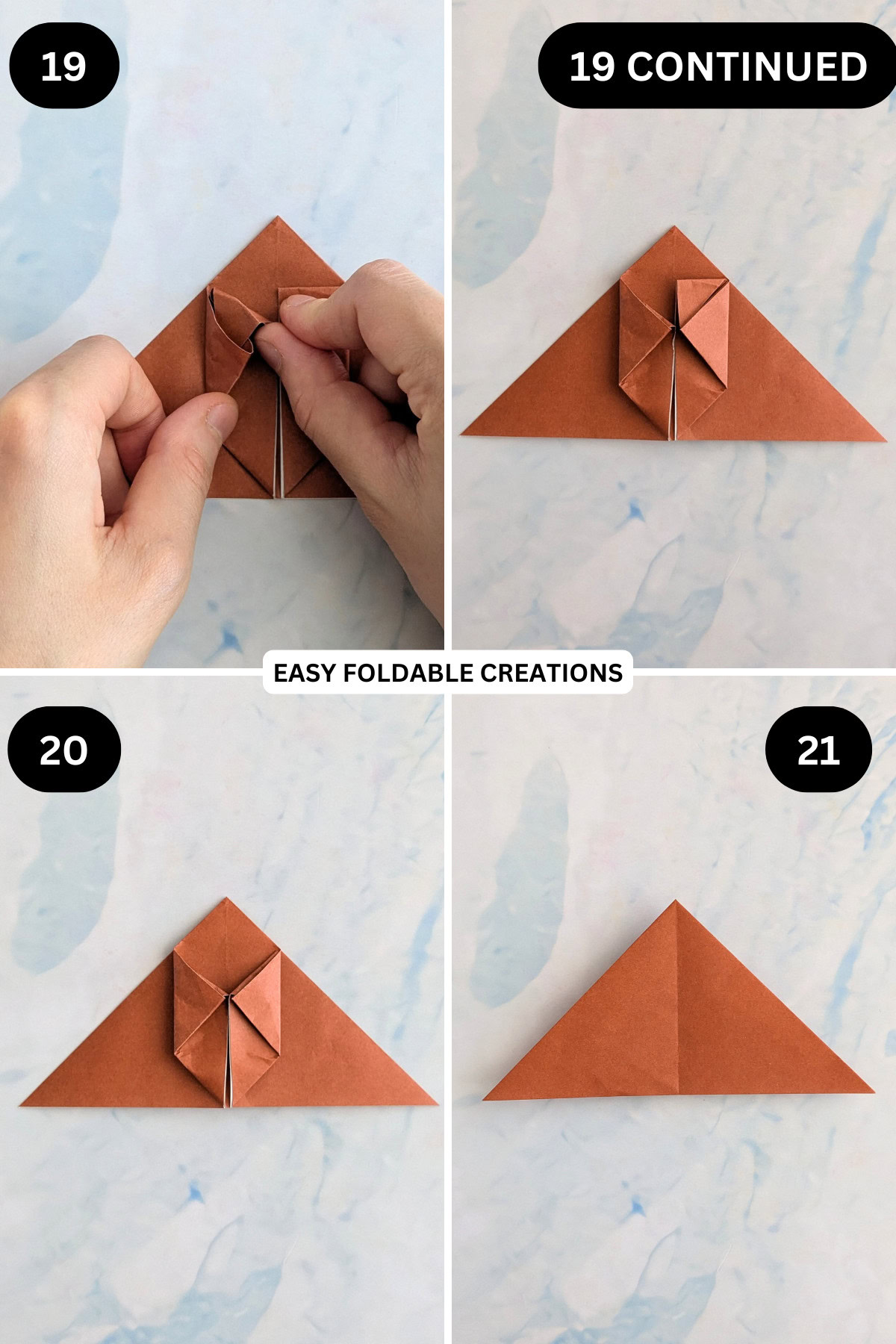 Steps 19 to 21 for folding an inflatable origami rabbit.