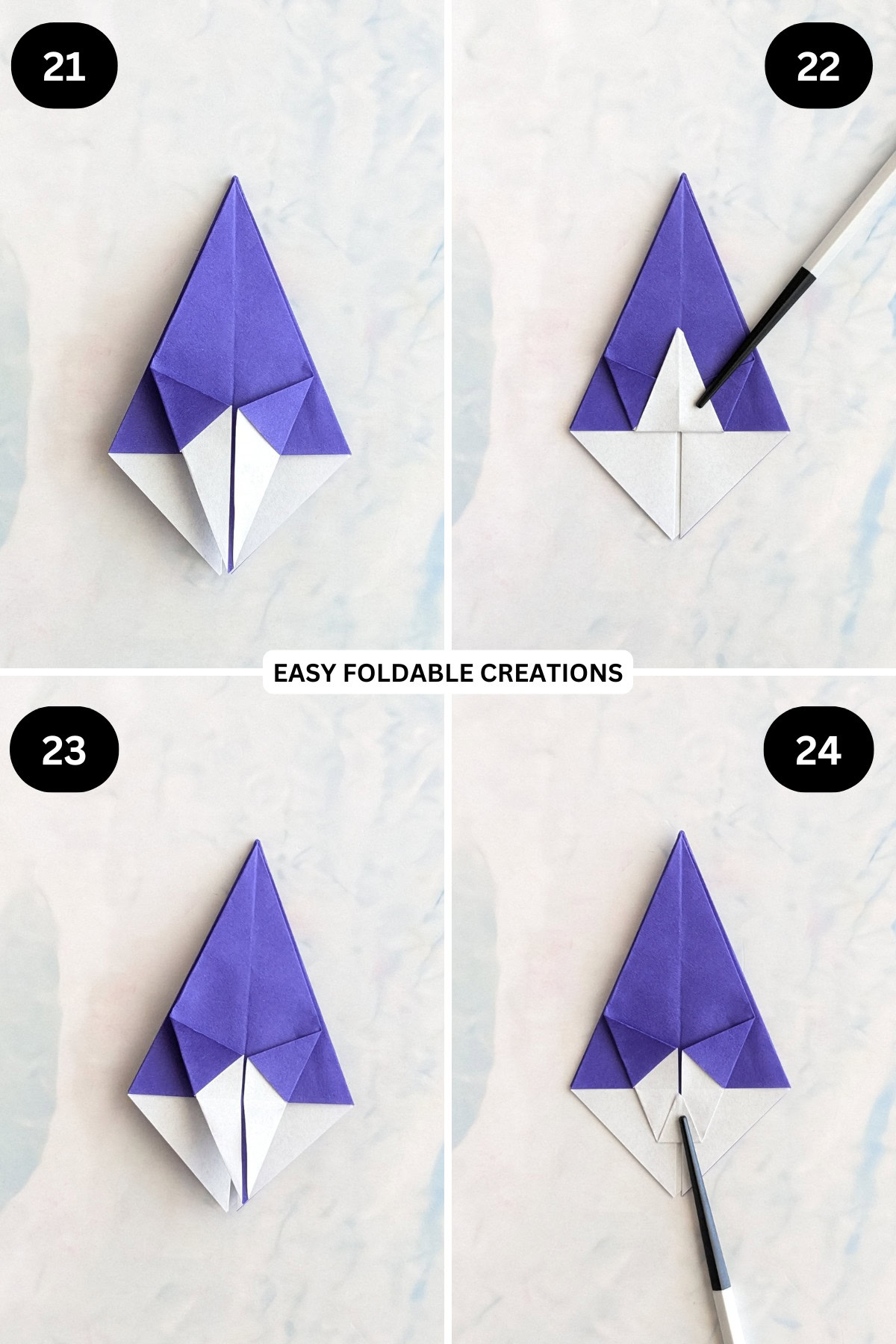 Steps 21 to 24 for folding an easy origami bowl.