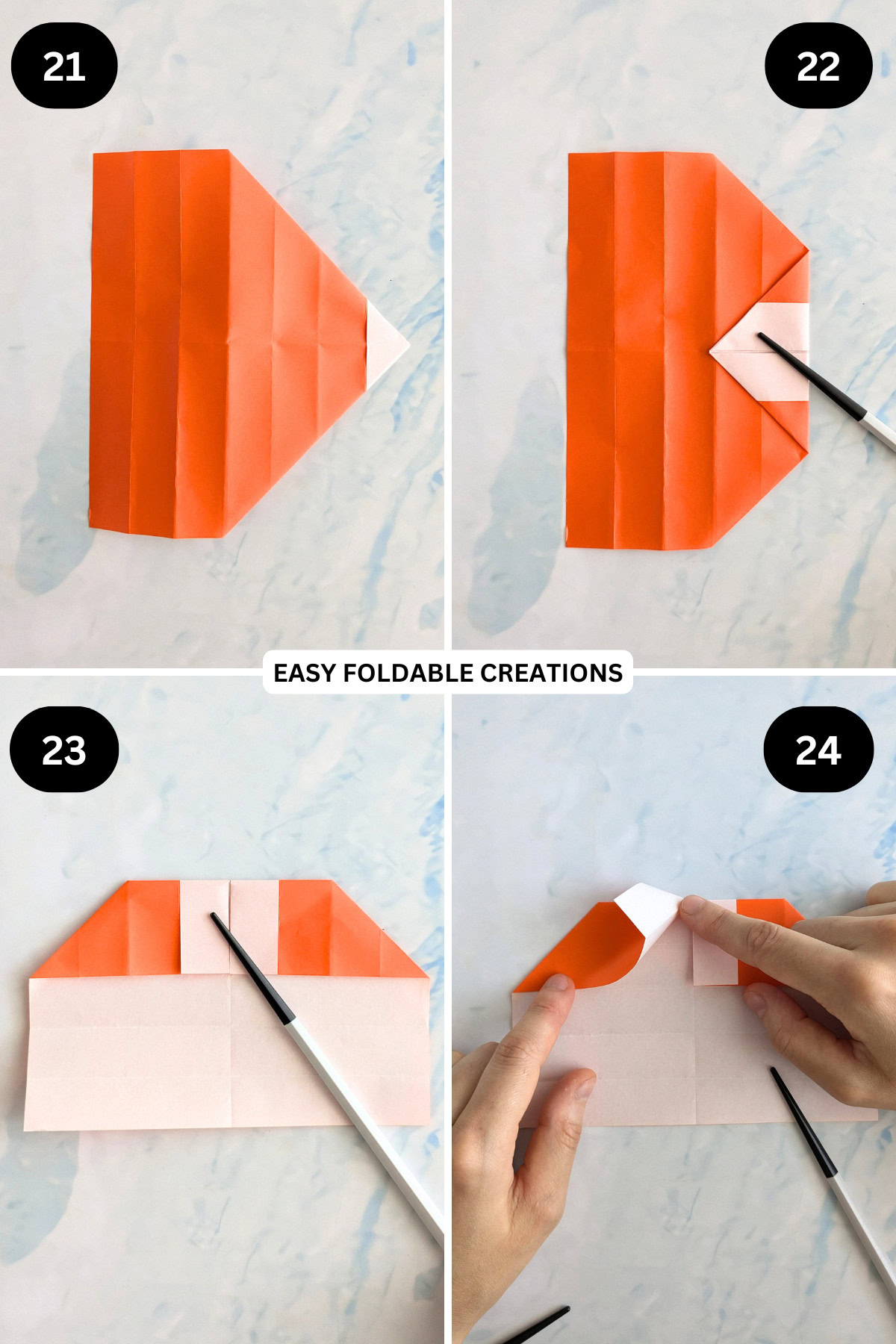 Step 21 to 24 for folding an origami heart ring.