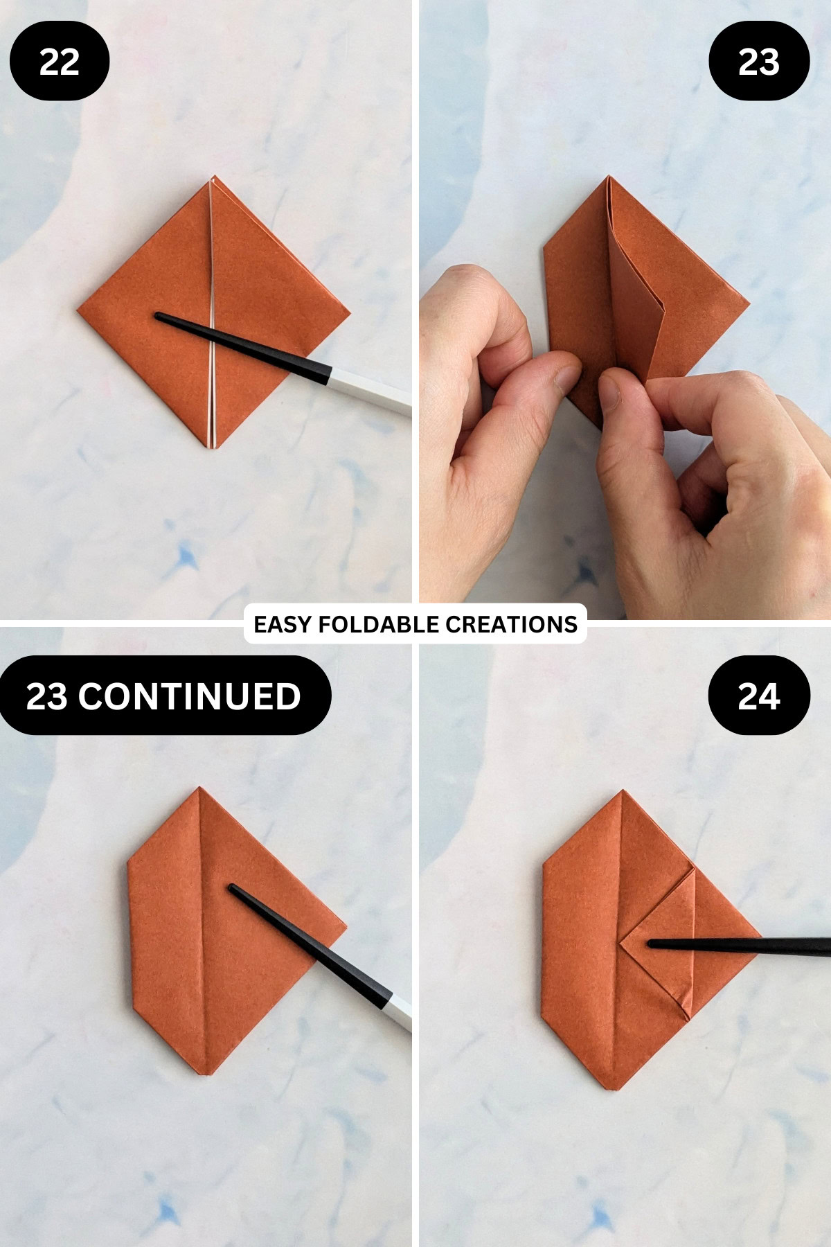 Steps 22 to 24 for folding an inflatable origami rabbit.
