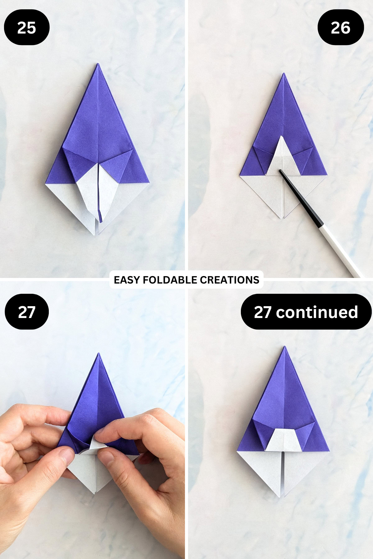 Steps 25 to 27 for folding an easy origami bowl.