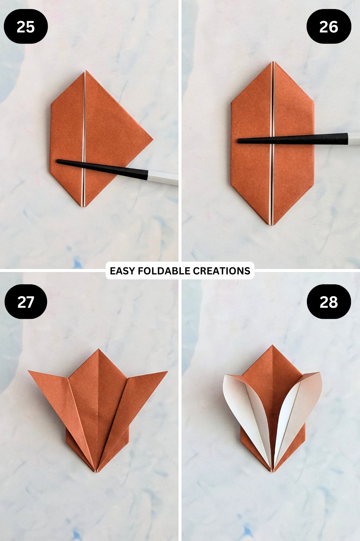 Steps 25 to 28 for folding an inflatable origami rabbit.