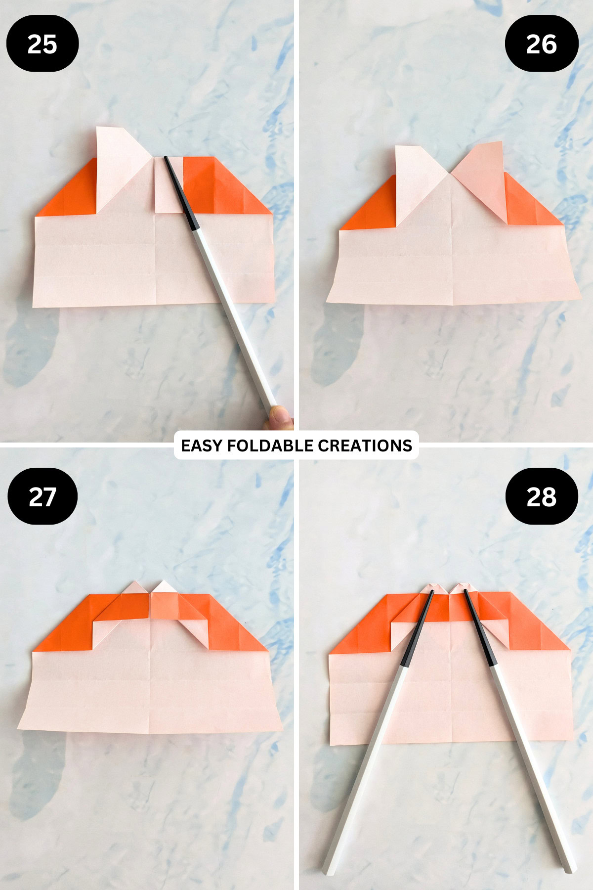 Step 25 to 28 for folding an origami heart ring.