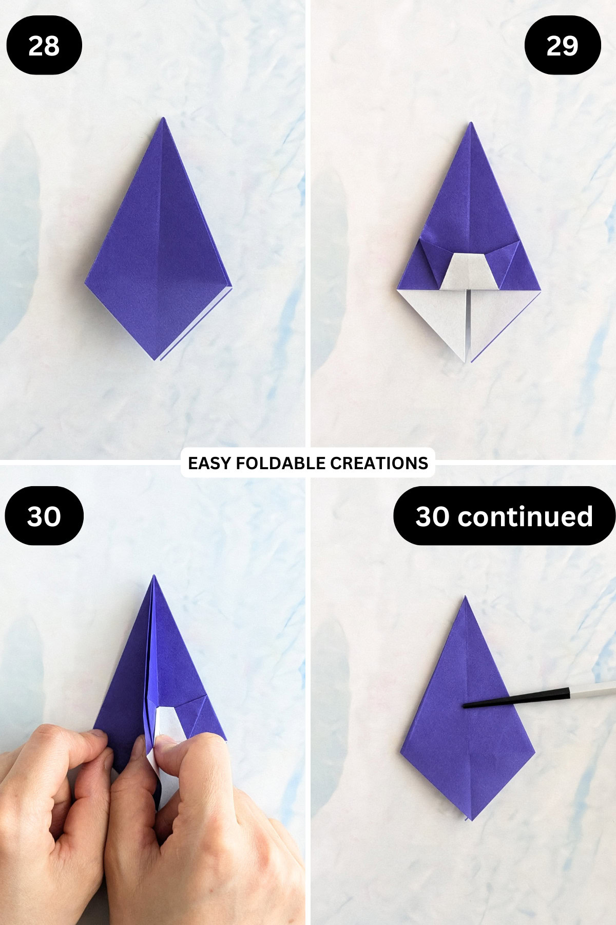 Steps 28 to 30 for folding an easy origami bowl.