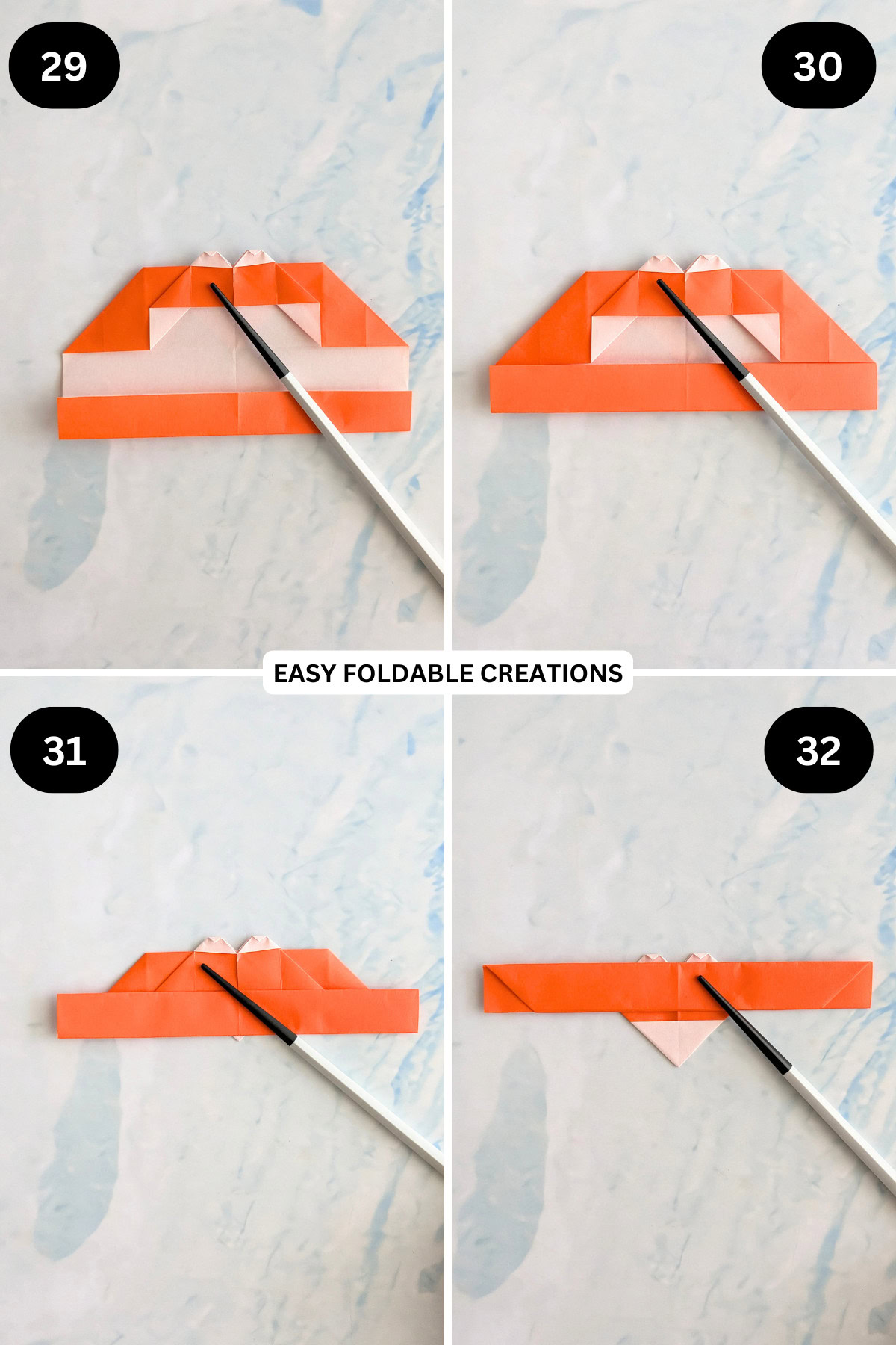 Step 29 to 32 for folding an origami heart ring.