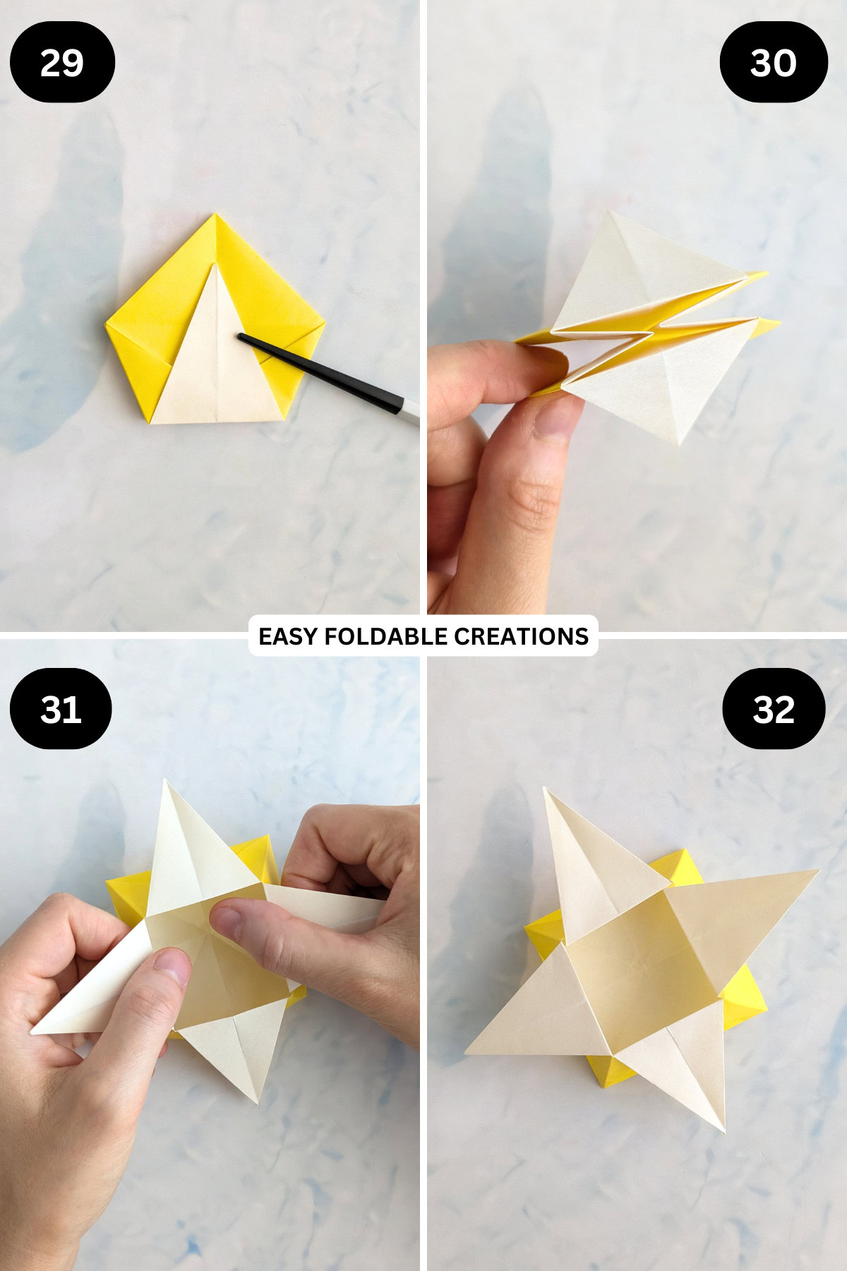 Step 29 to 32 for folding an origami star box.