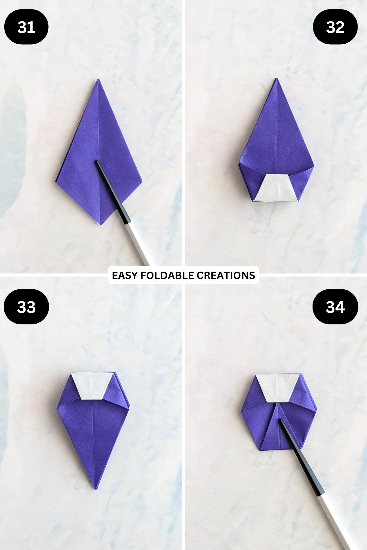Steps 31 to 34 for folding an easy origami bowl.