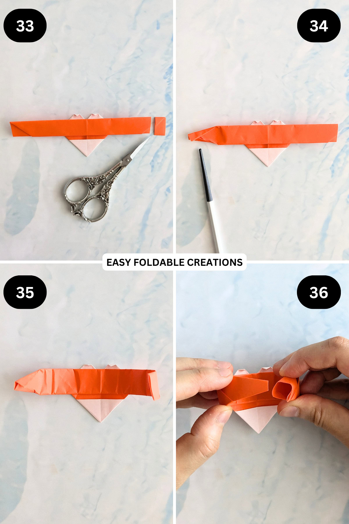 Step 33 to 36 for folding an origami heart ring.