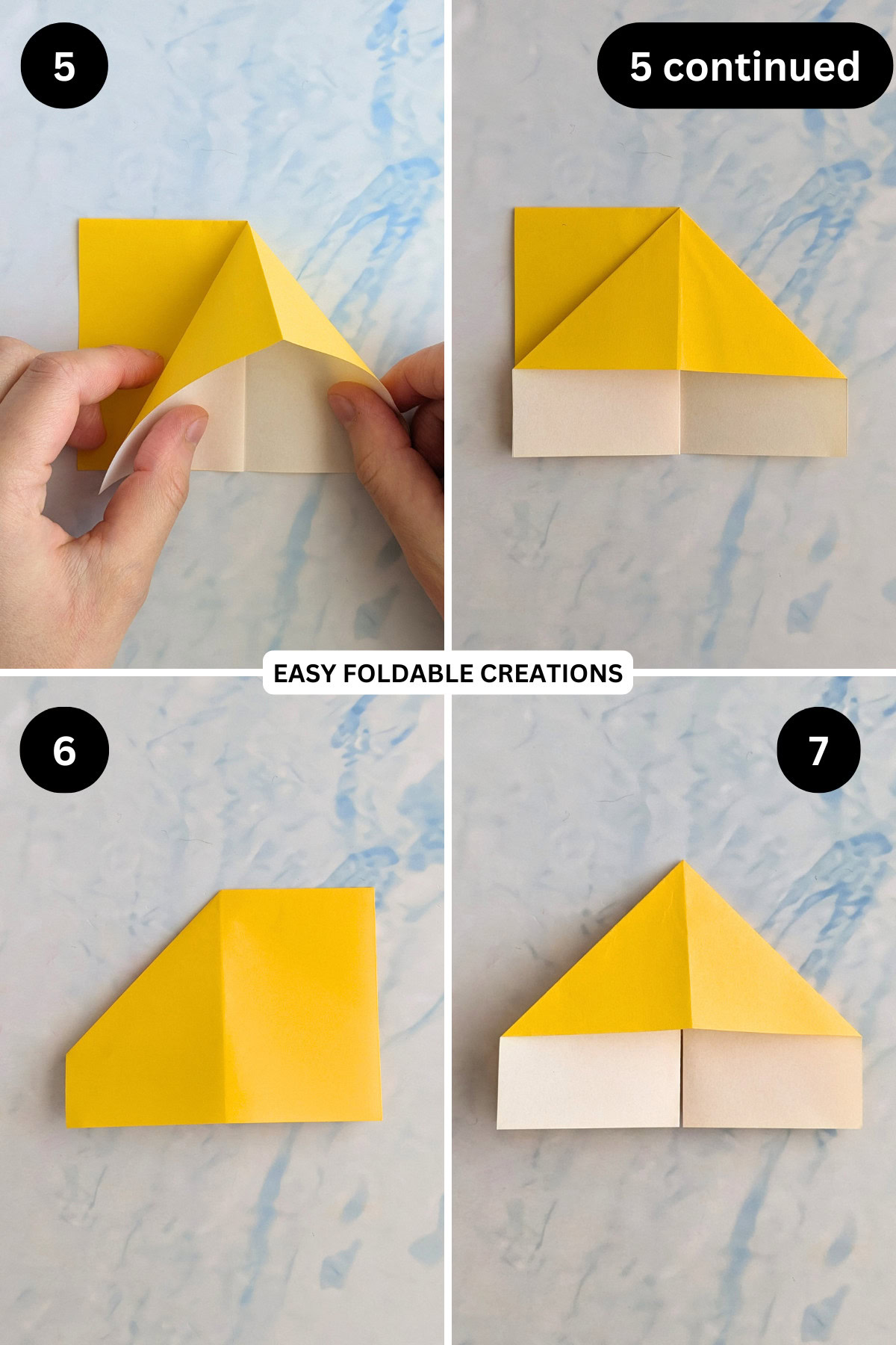 Steps 5 to 7 for folding a butterfly origami corner bookmark.