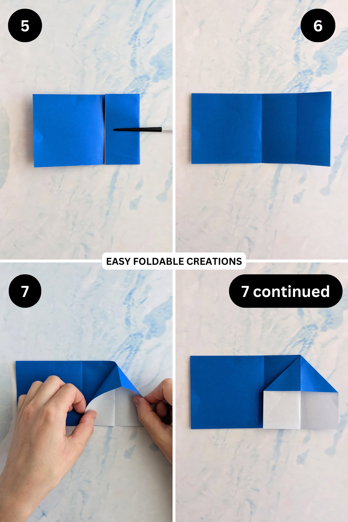 Steps 5 to 7 for folding an origami egg cup.