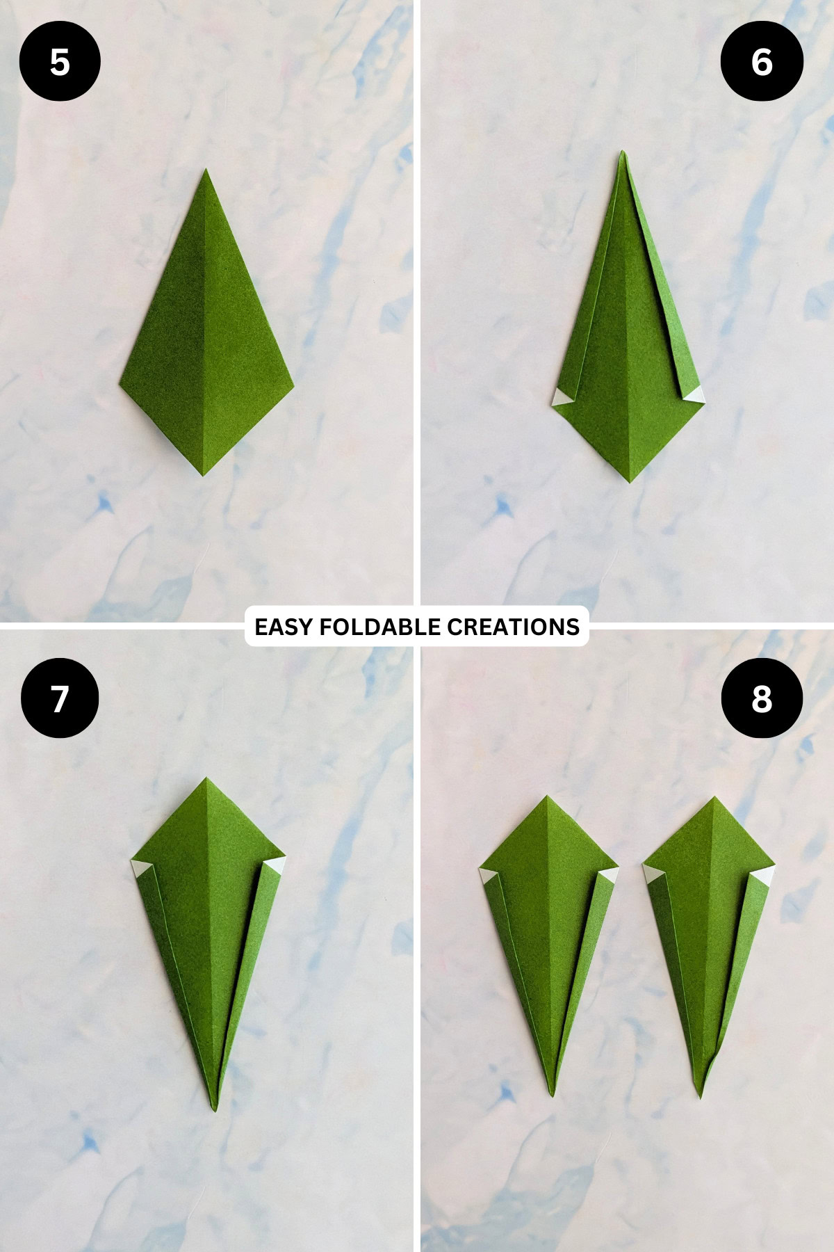 Steps 5 to 8 for folding the carrot stem.