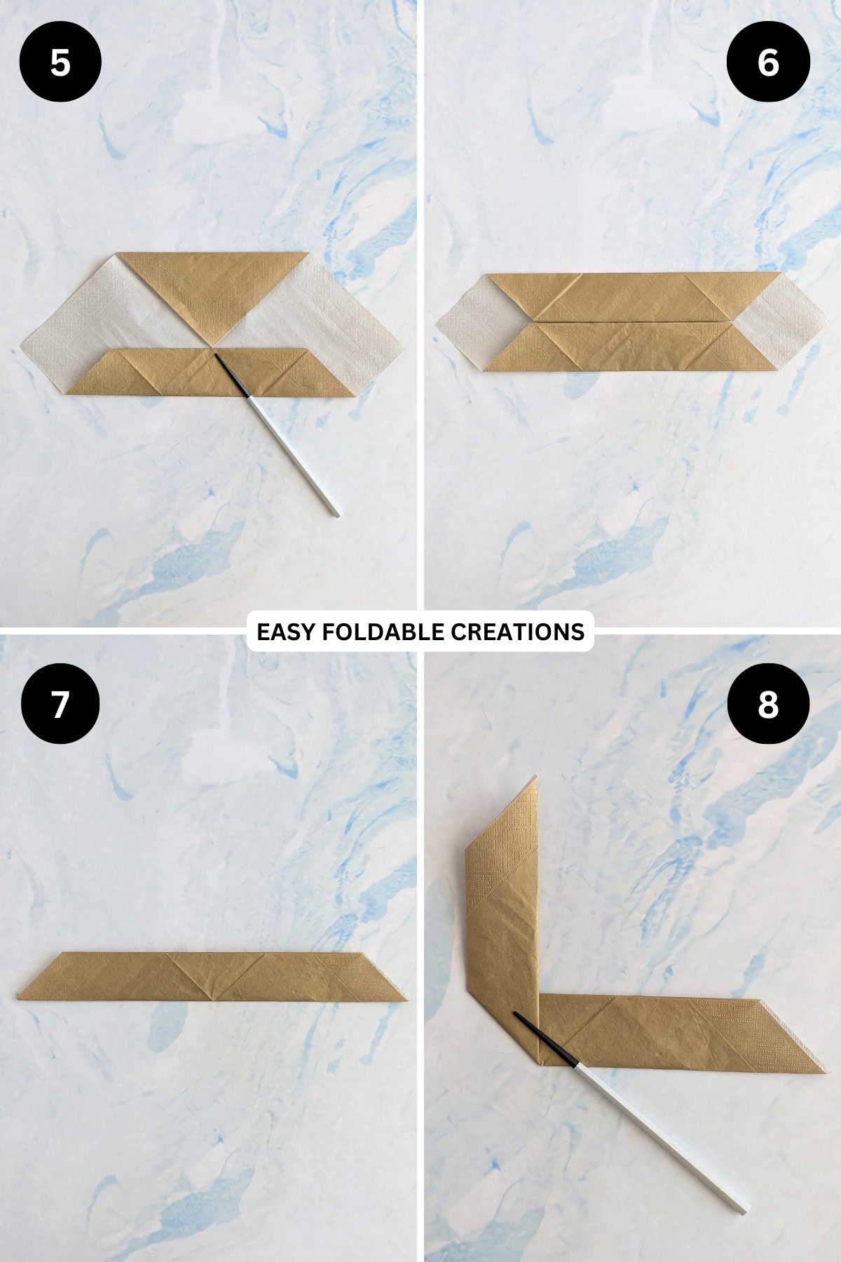 Steps 5 to 8 for folding a bunny napkin.