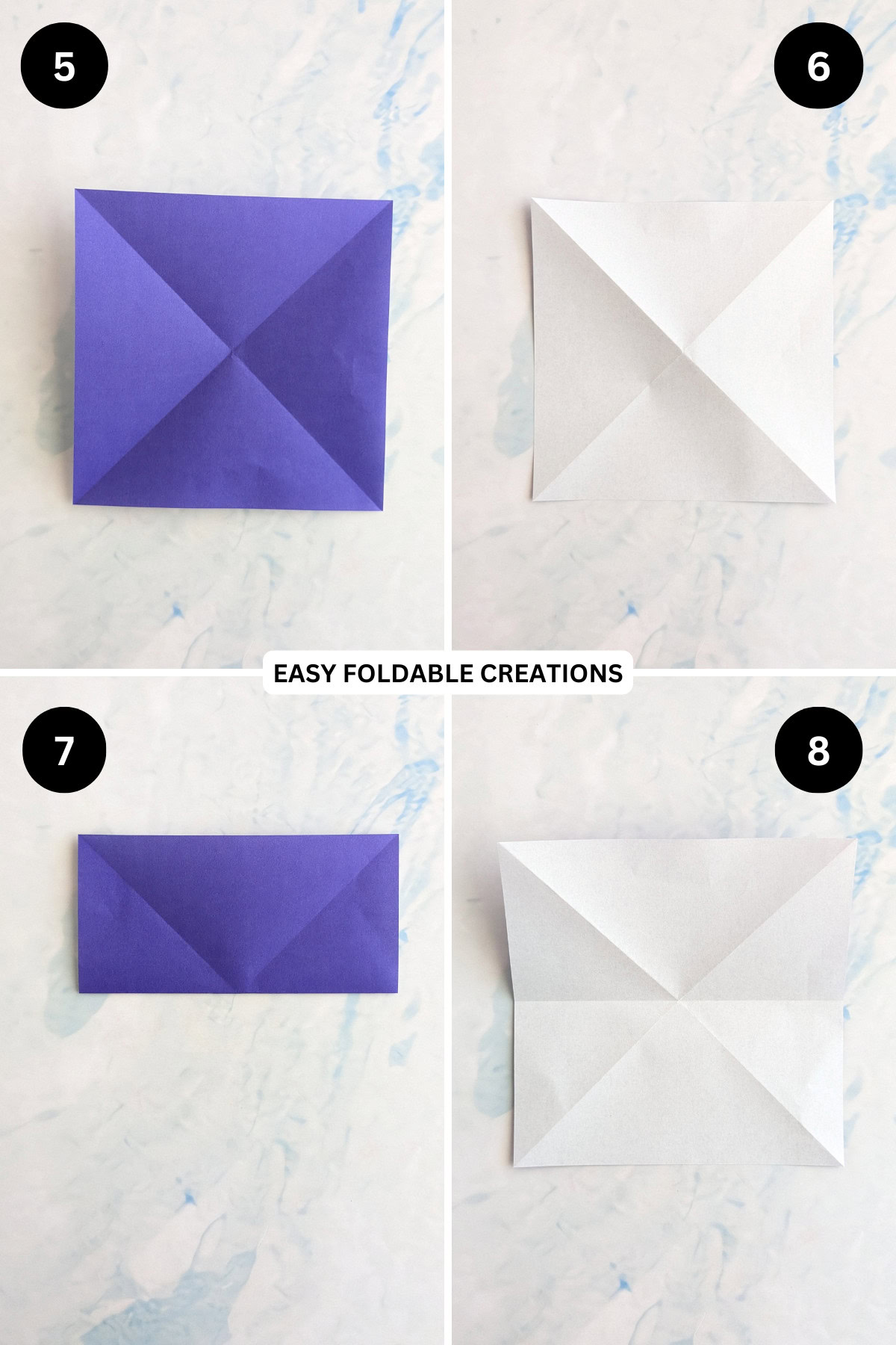 Steps 5 to 8 for folding an easy origami bowl.