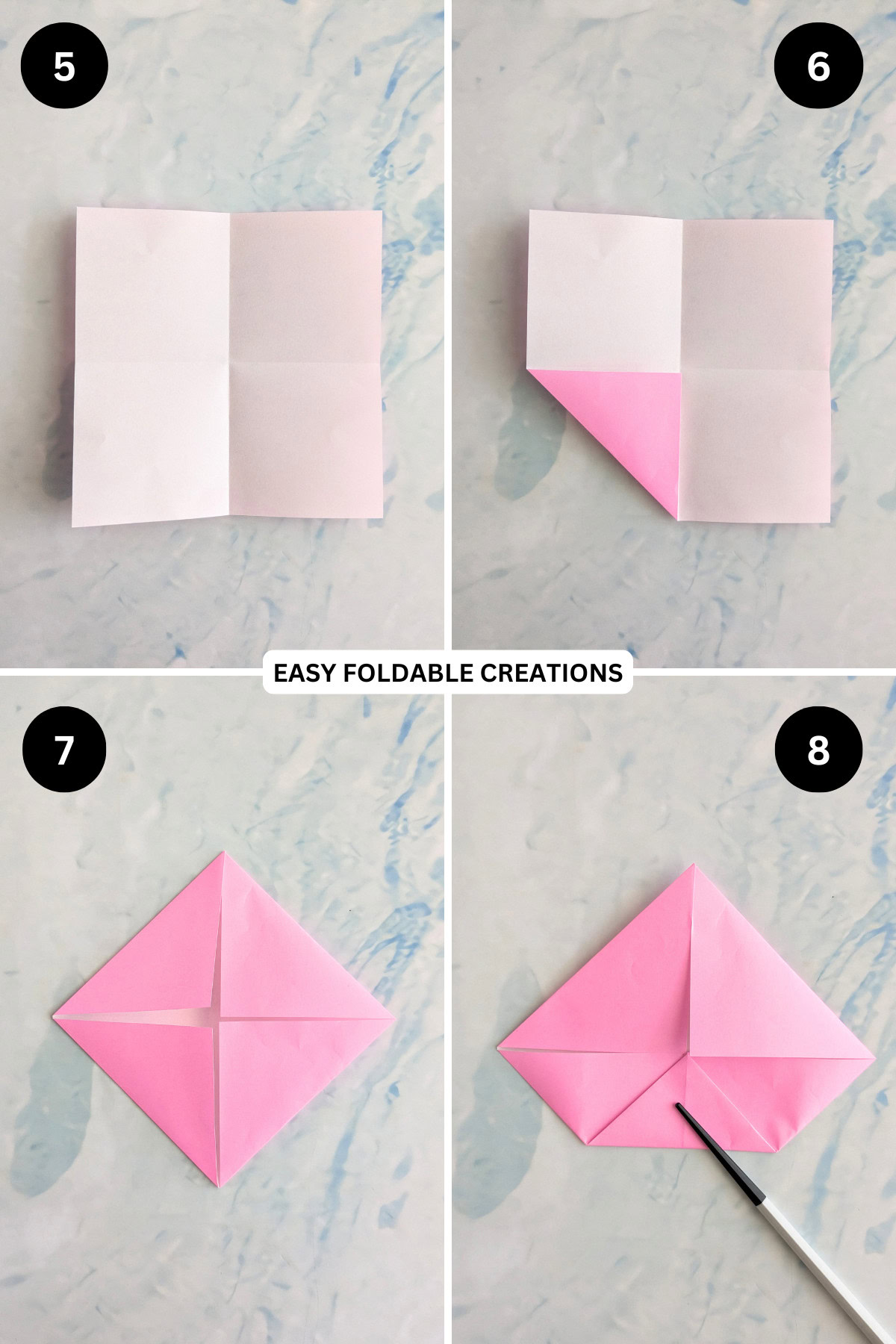 Steps 5 to 8 for folding an origami lotus.