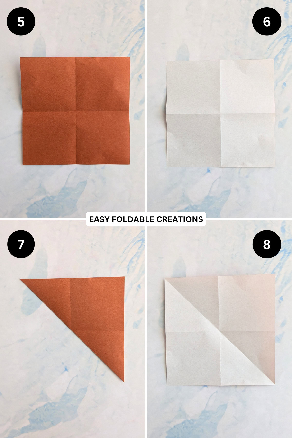 Steps 5 to 8 for folding an inflatable origami rabbit.