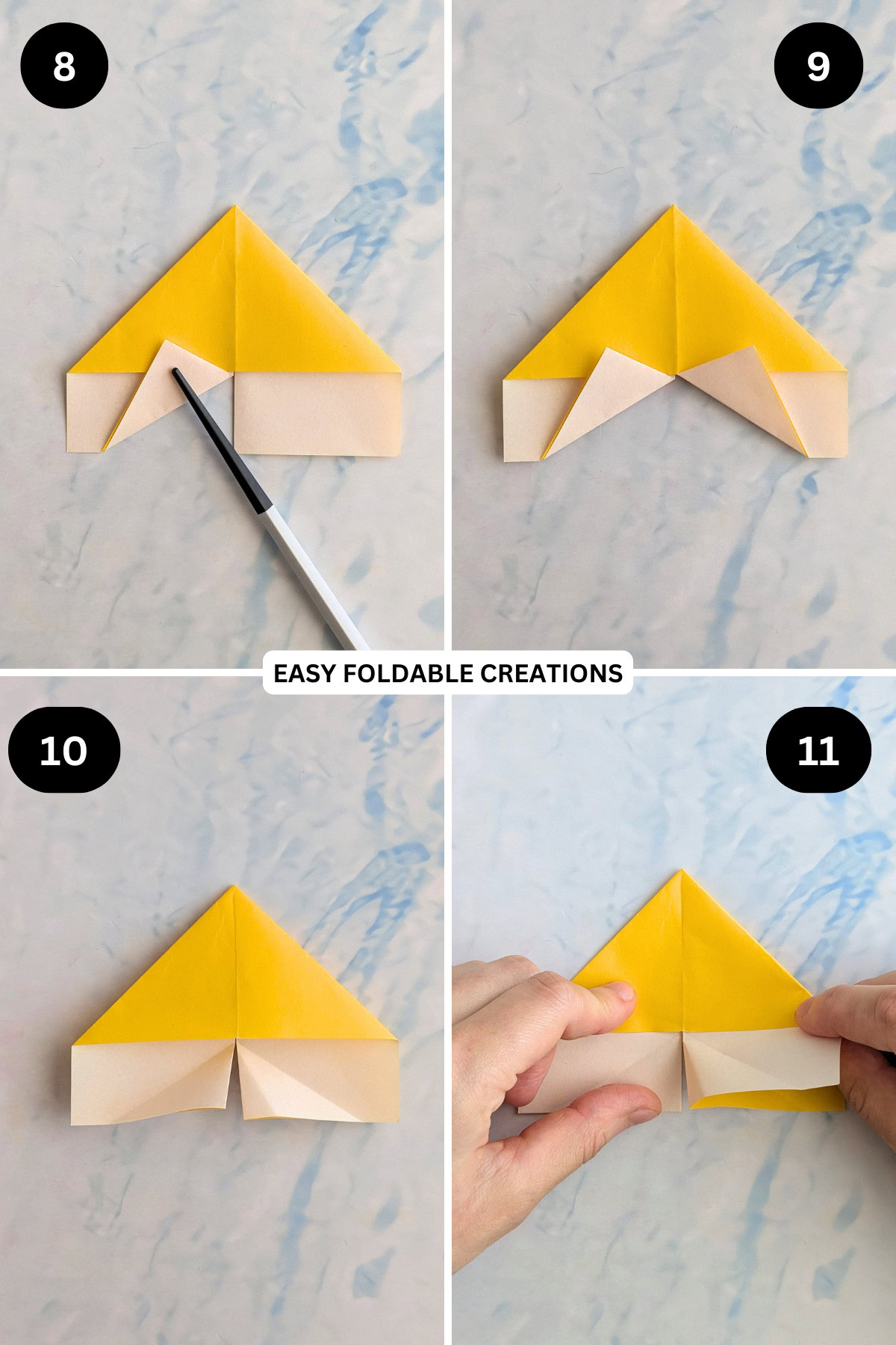 Steps 8 to 11 for folding a butterfly origami corner bookmark.