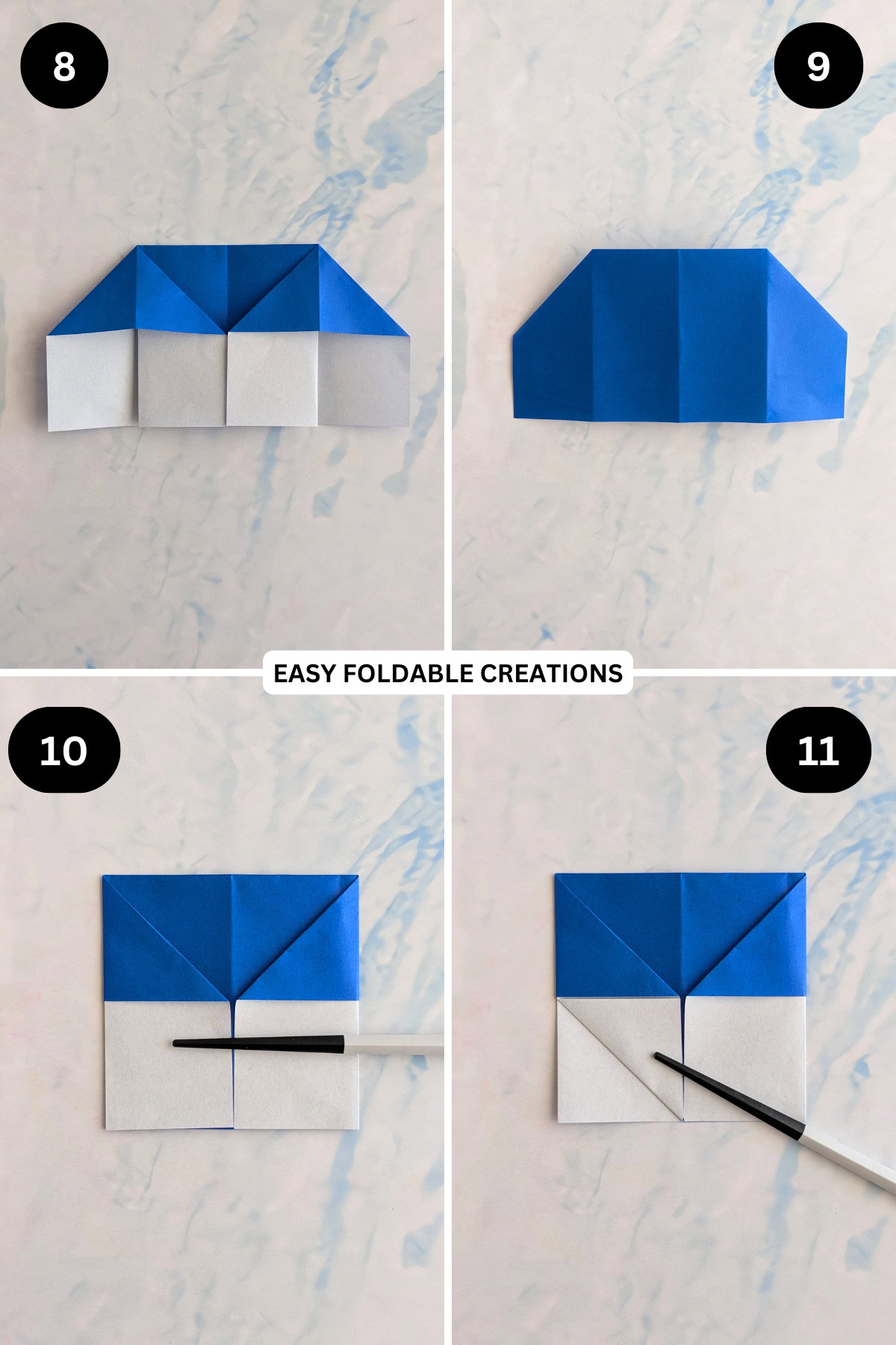 Steps 8 to 11 for folding an origami egg cup.